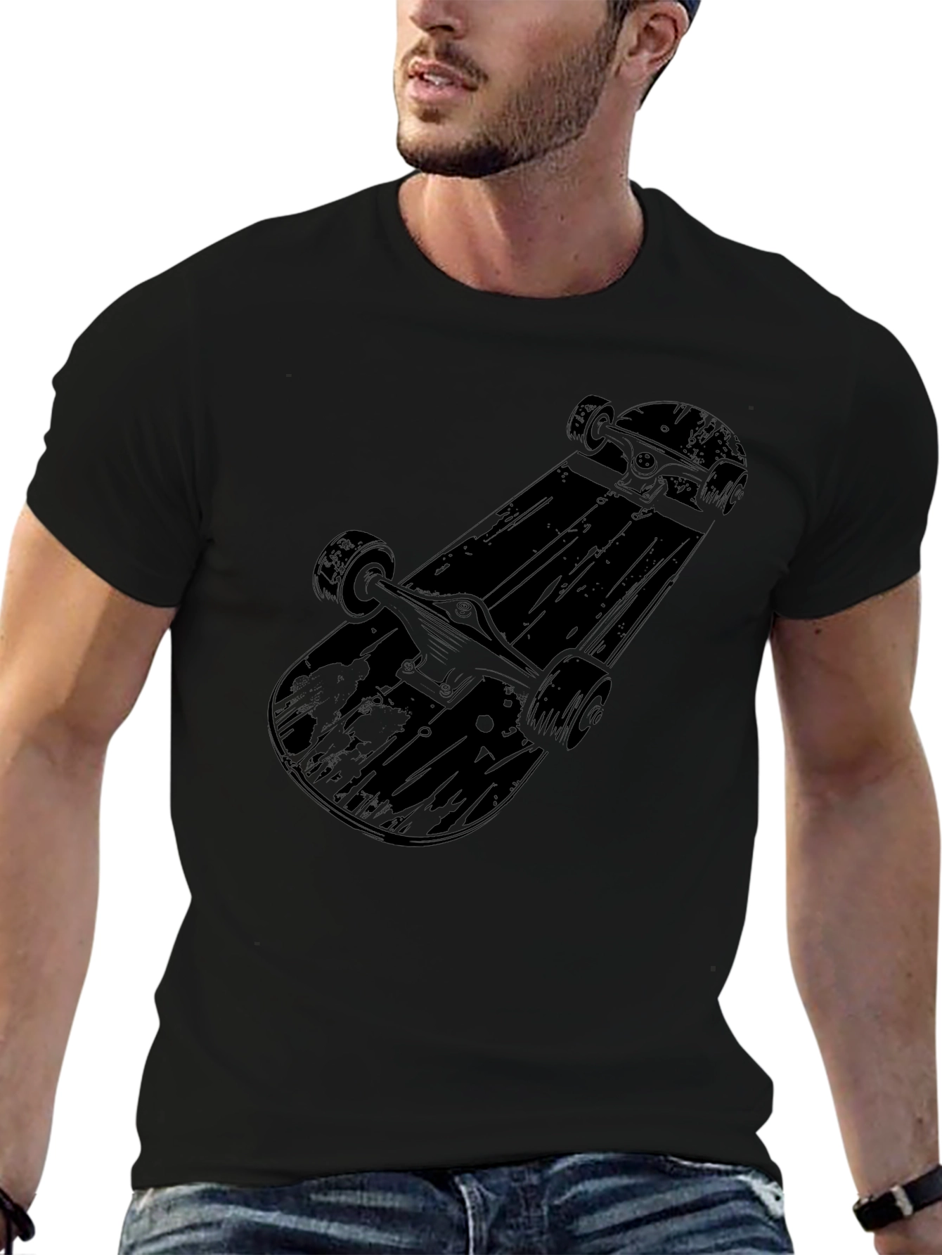 Skateboard Graphic Tee - Mens Black Cotton T-Shirt