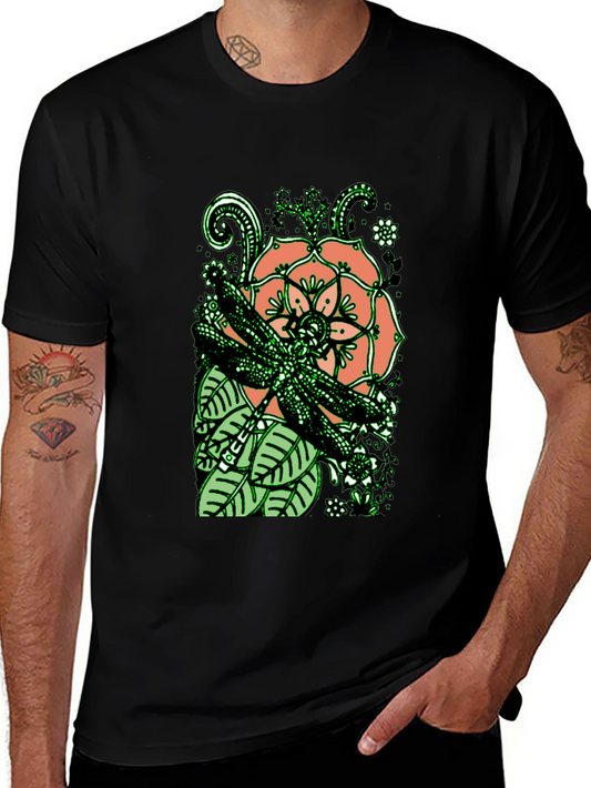 Dragonfly Floral Graphic Tee - Stylish Mens Black T-Shirt