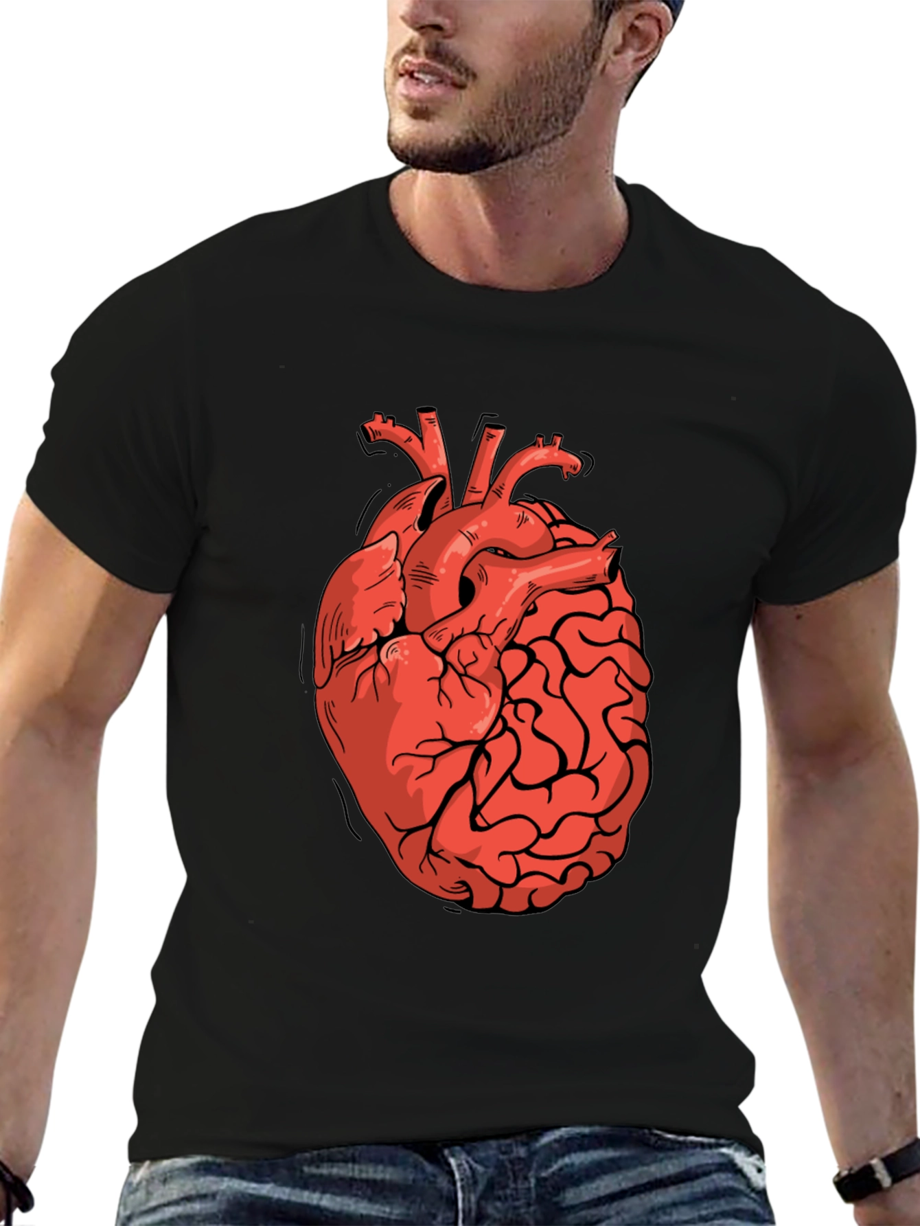Heart-Brain Graphic Tee - Stylish Black T-Shirt