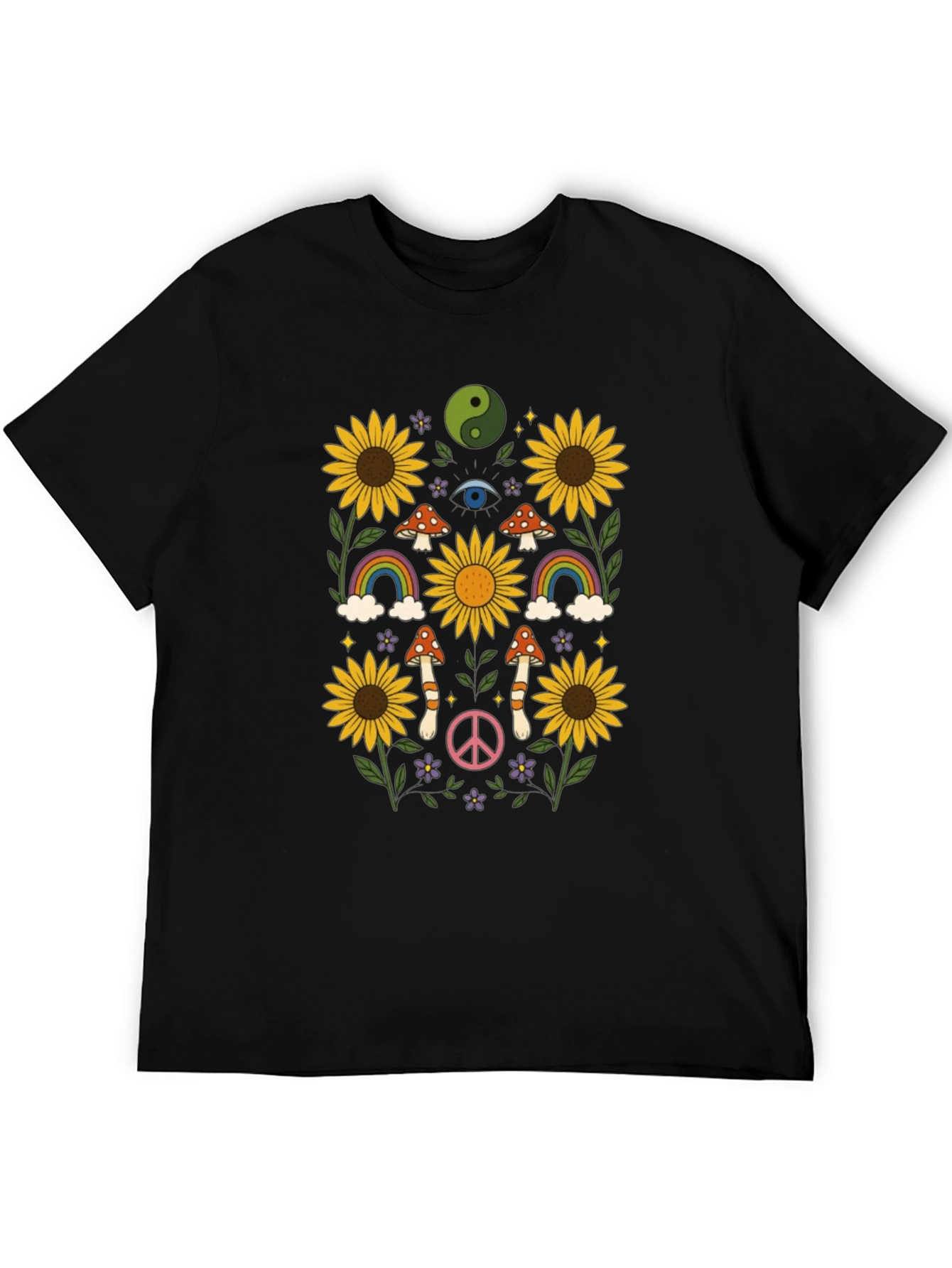 Retro Hippie T-Shirt - Sunflower Rainbow Mushroom Peace