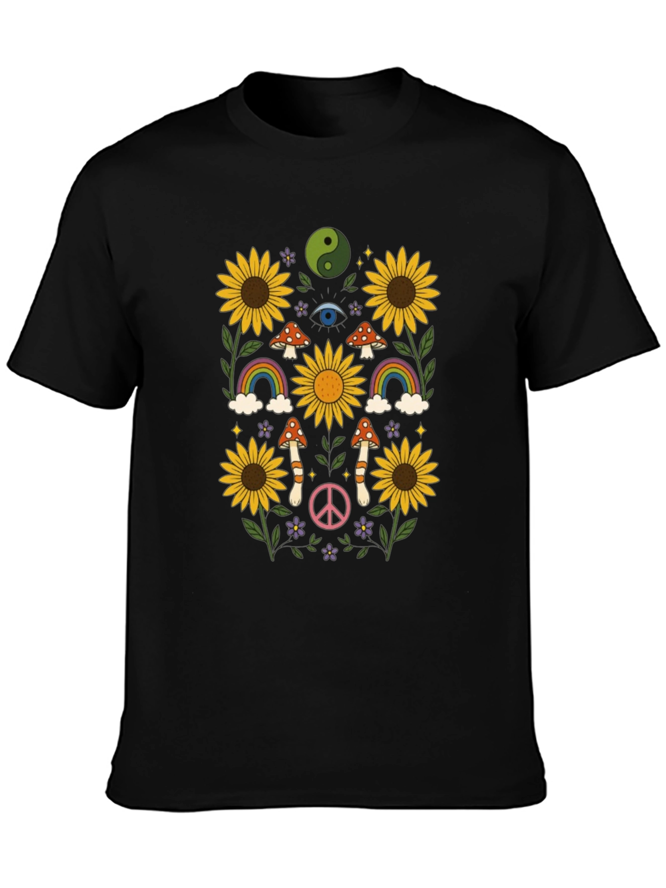 Retro Hippie T-Shirt - Sunflower Rainbow Mushroom Peace