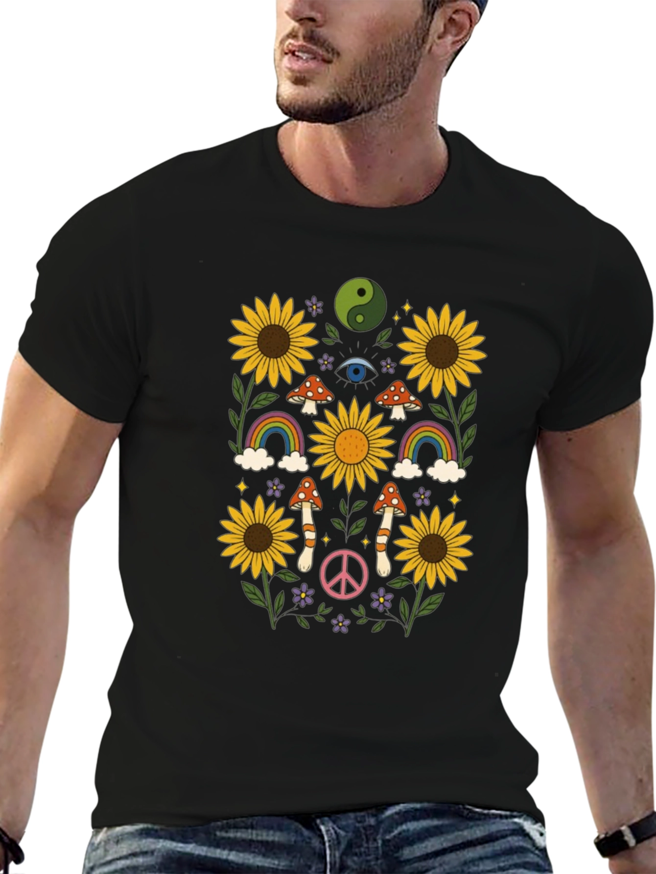 Retro Hippie T-Shirt - Sunflower Rainbow Mushroom Peace
