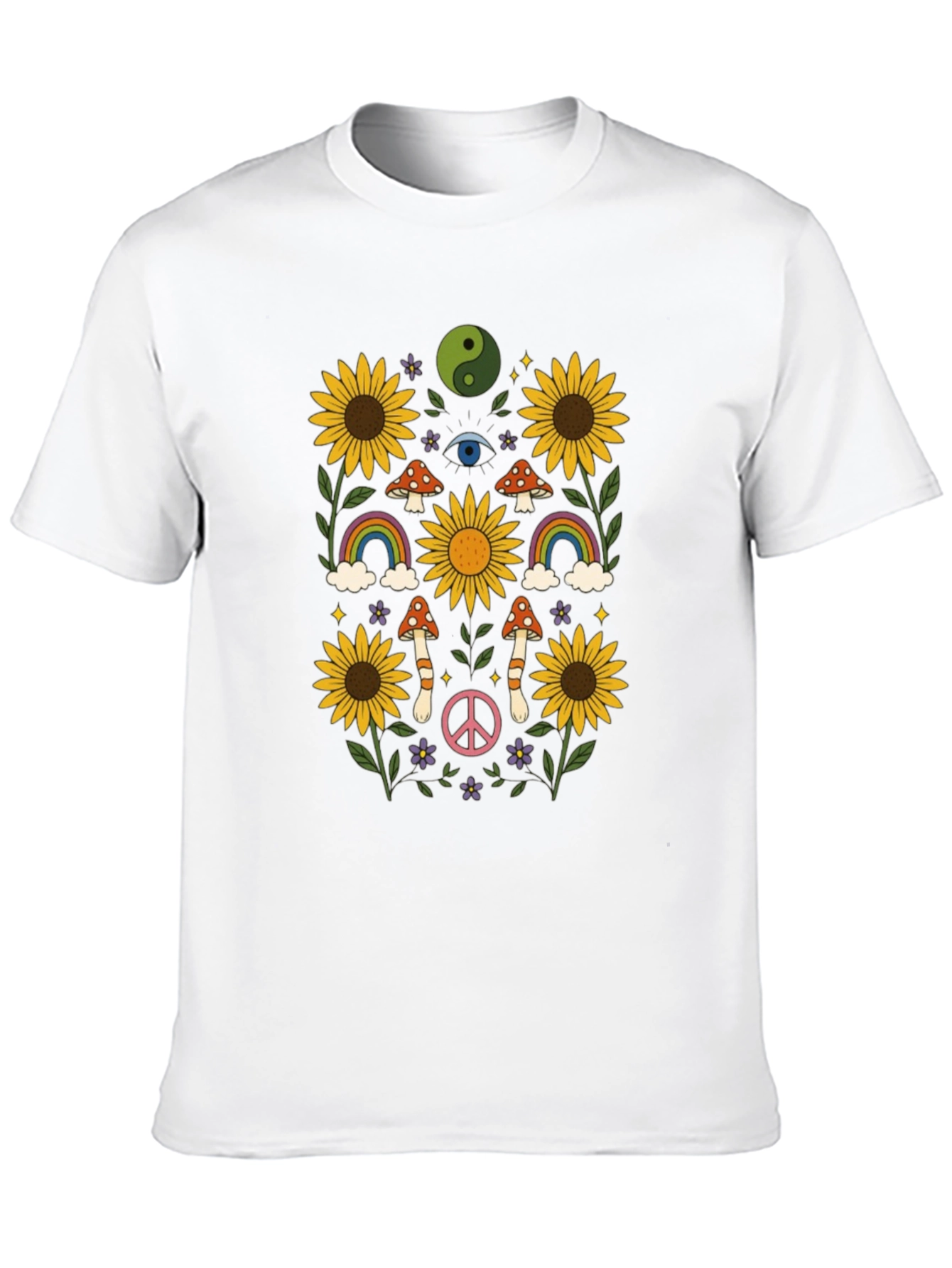 Retro Hippie T-Shirt - Sunflower Rainbow Mushroom Peace