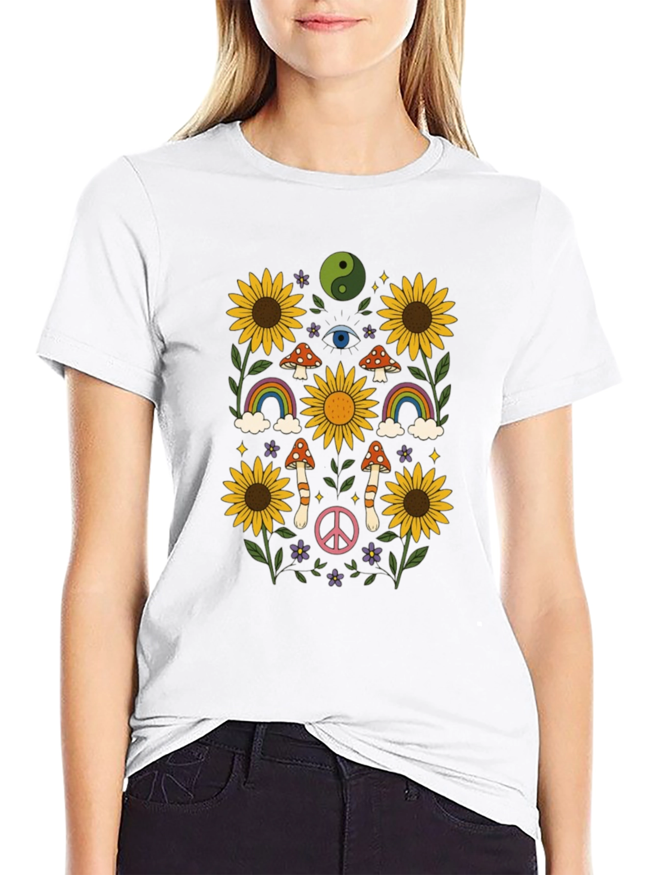 Retro Hippie T-Shirt - Sunflower Rainbow Mushroom Peace