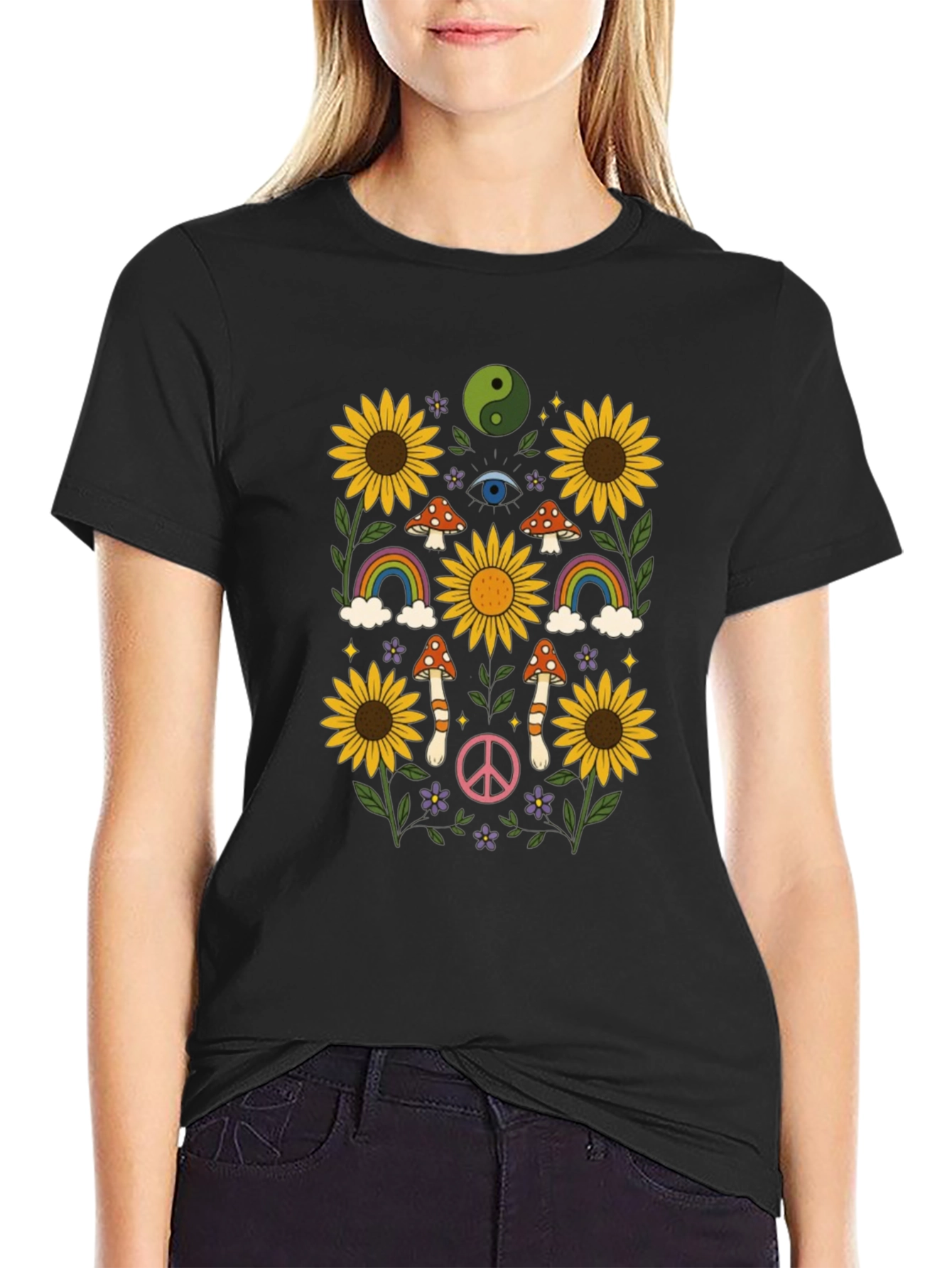 Retro Hippie T-Shirt - Sunflower Rainbow Mushroom Peace