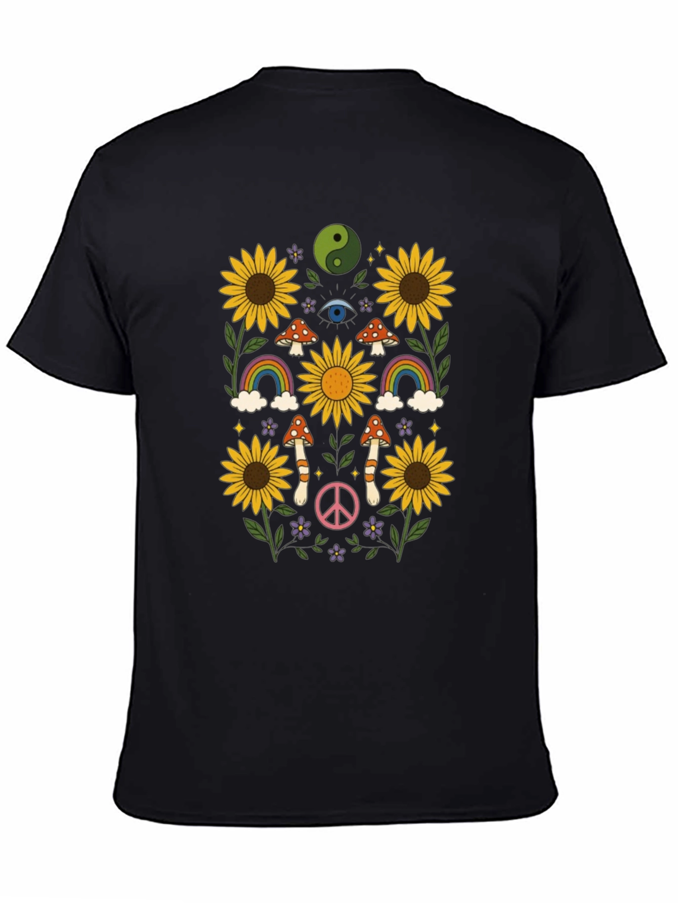 Retro Hippie T-Shirt - Sunflower Rainbow Mushroom Peace