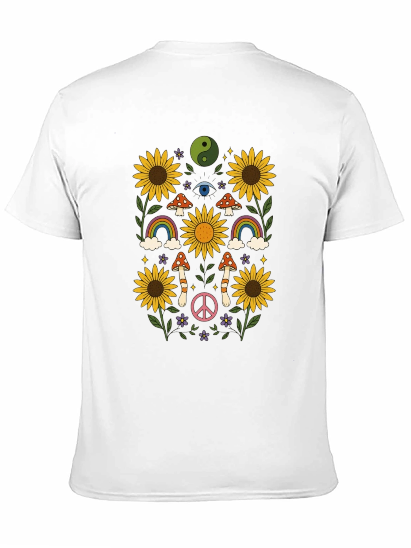 Retro Hippie T-Shirt - Sunflower Rainbow Mushroom Peace