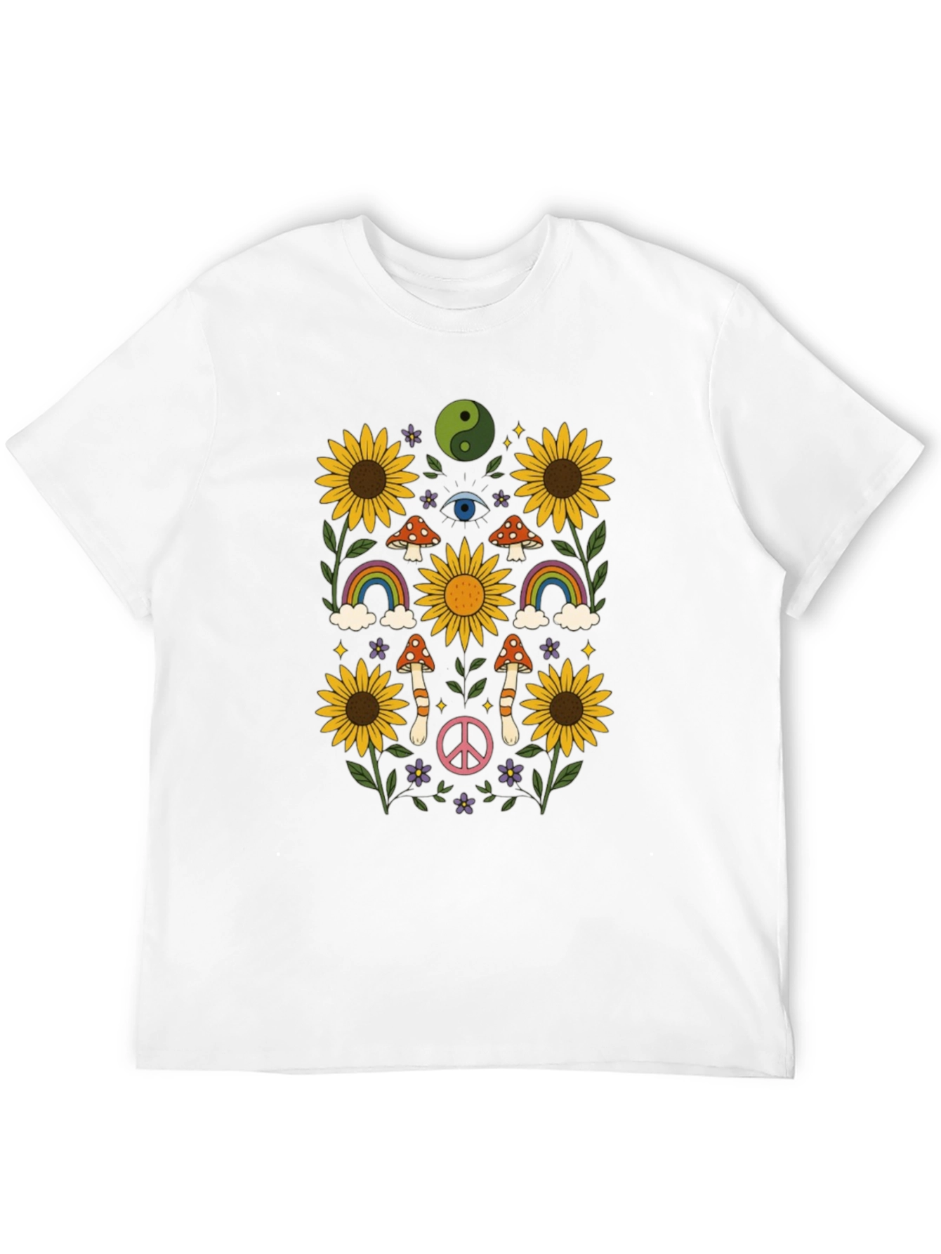 Retro Hippie T-Shirt - Sunflower Rainbow Mushroom Peace