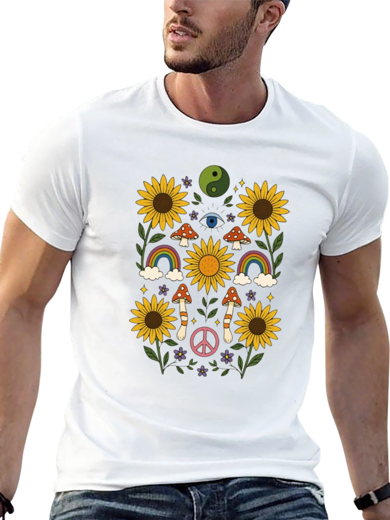 Retro Hippie T-Shirt - Sunflower Rainbow Mushroom Peace
