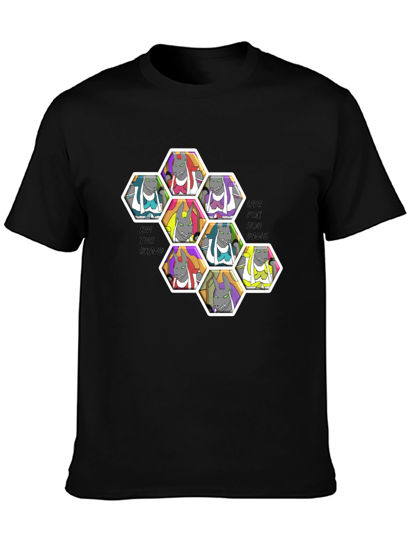 Unique Cartoon Character Hexagon Pattern Black T-Shirt