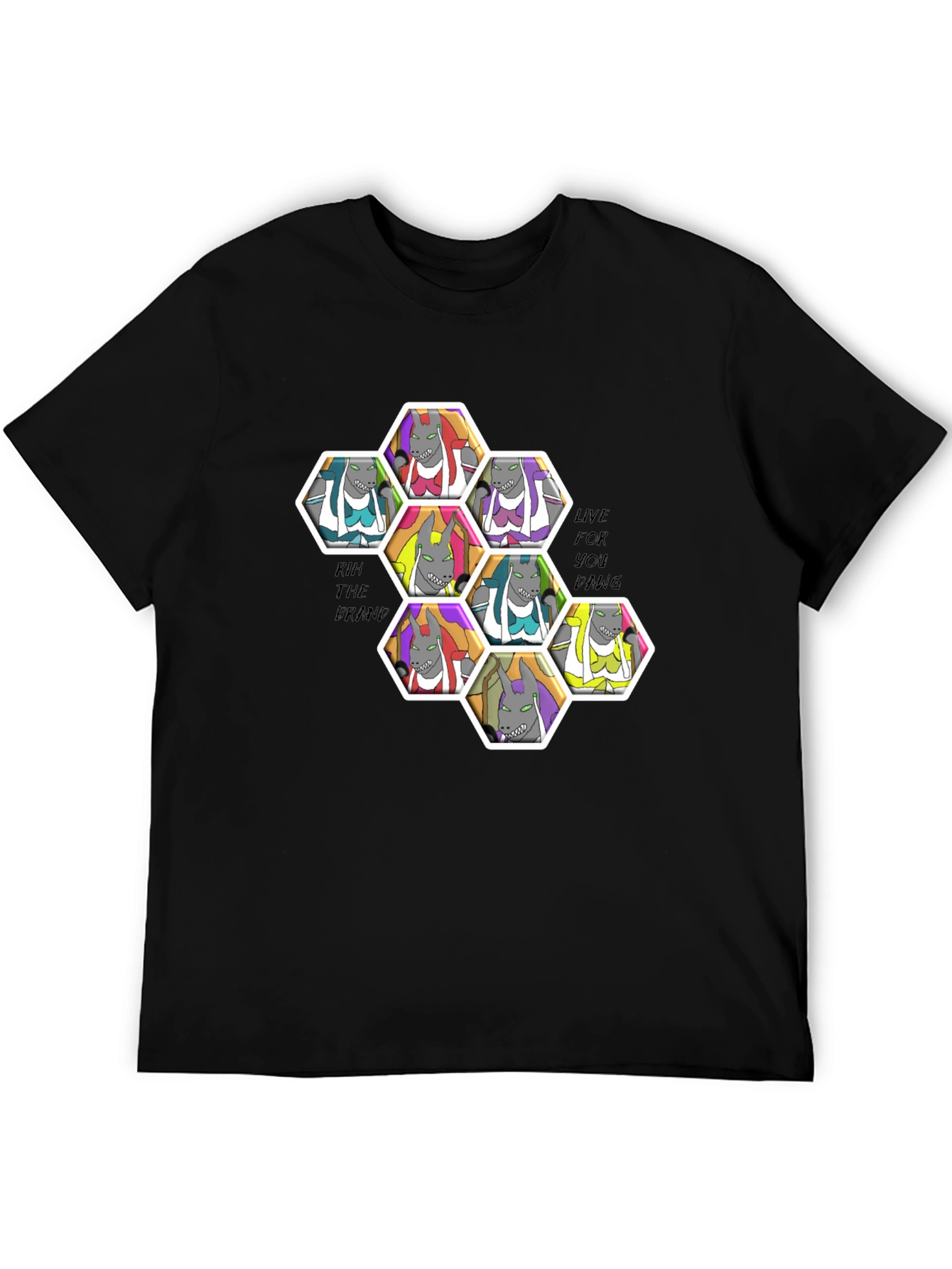 Unique Cartoon Character Hexagon Pattern Black T-Shirt