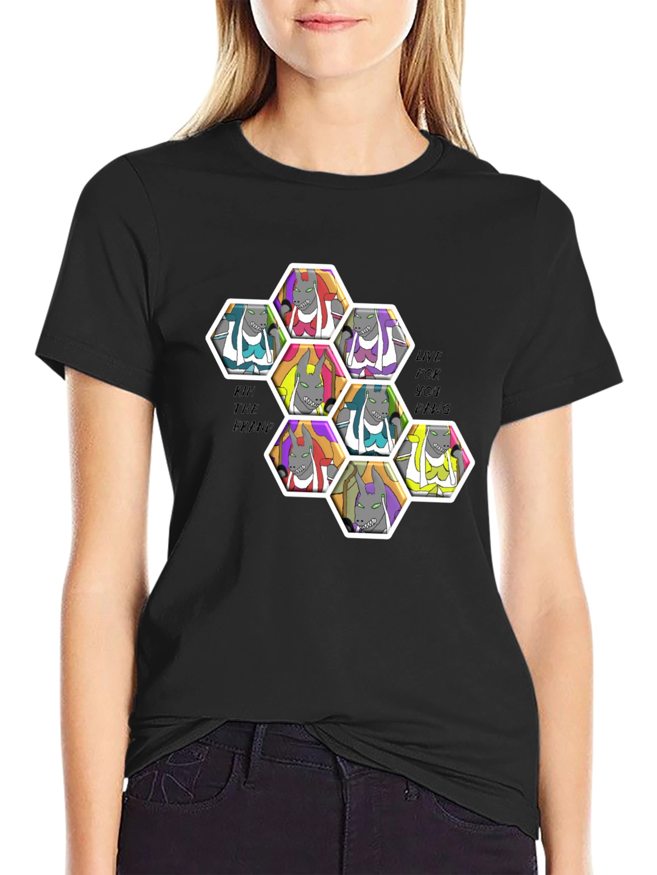 Unique Cartoon Character Hexagon Pattern Black T-Shirt