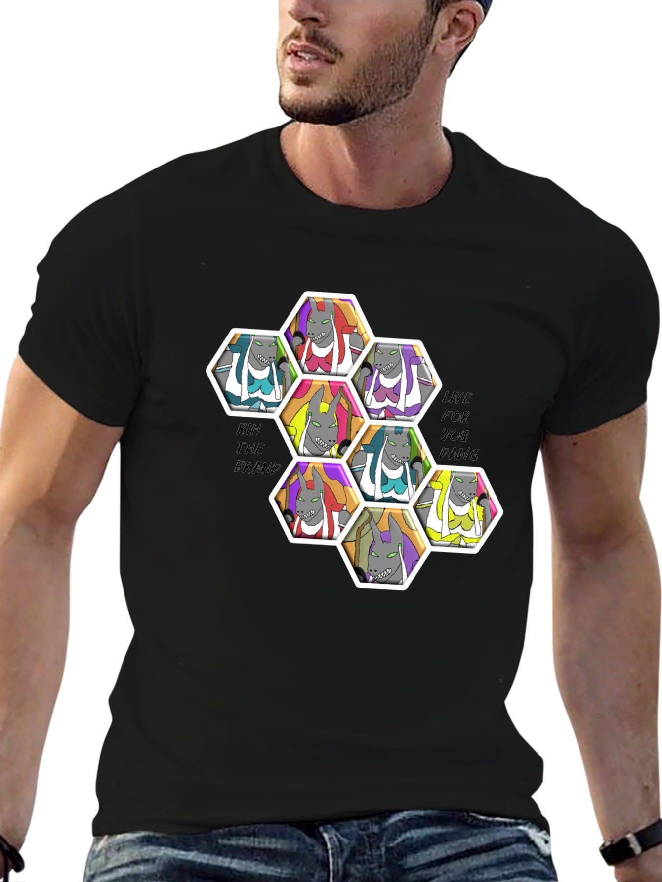 Unique Cartoon Character Hexagon Pattern Black T-Shirt