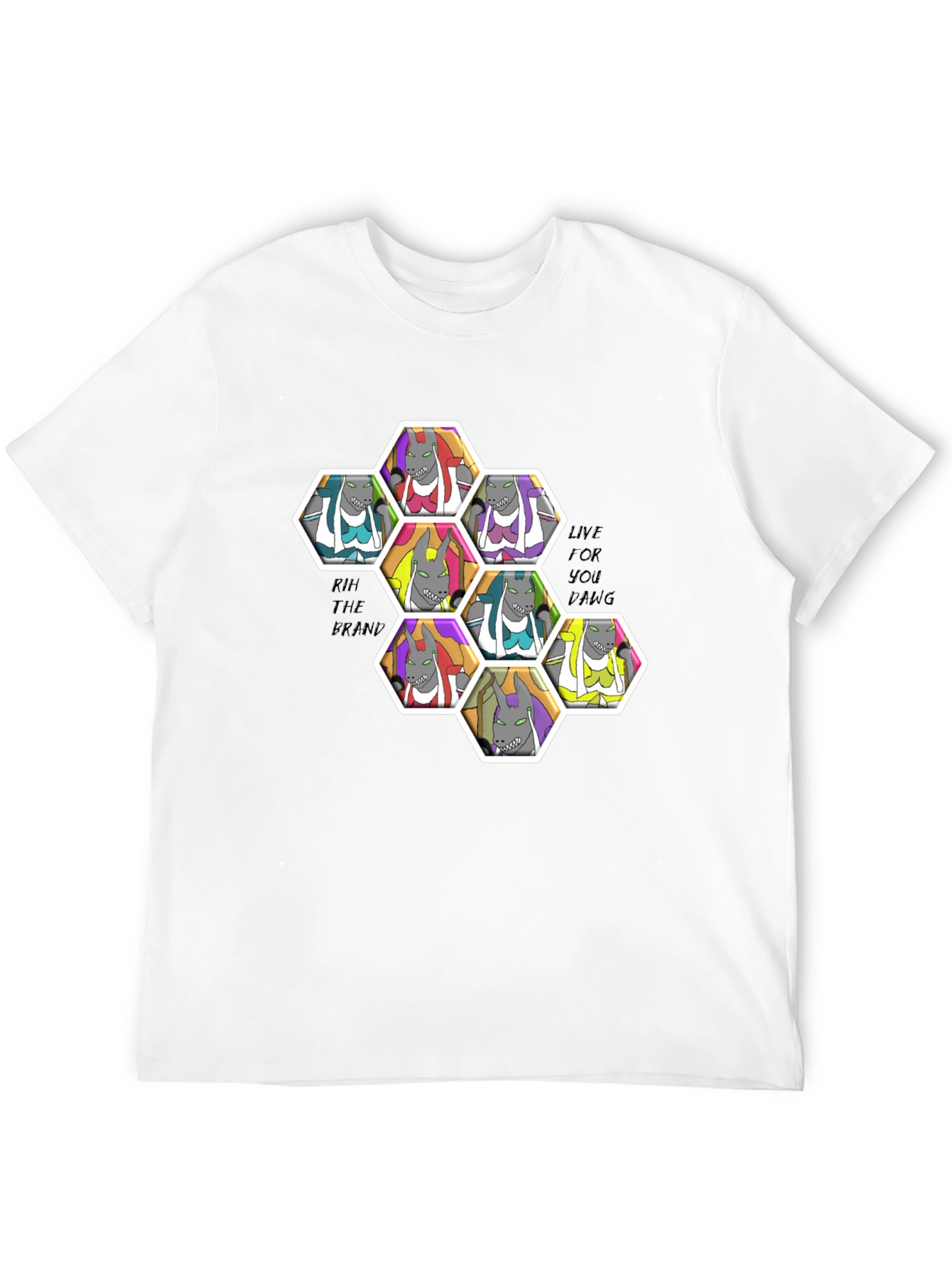 Unique Cartoon Character Hexagon Pattern Black T-Shirt