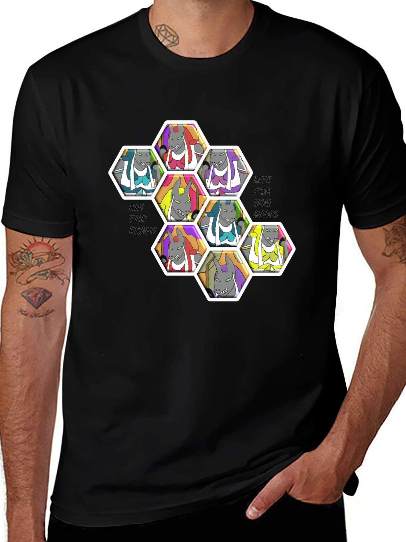 Unique Cartoon Character Hexagon Pattern Black T-Shirt