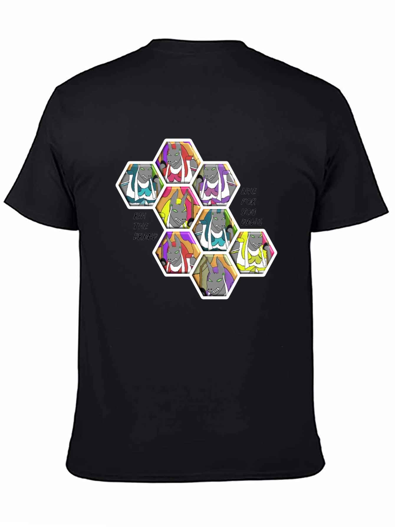 Unique Cartoon Character Hexagon Pattern Black T-Shirt