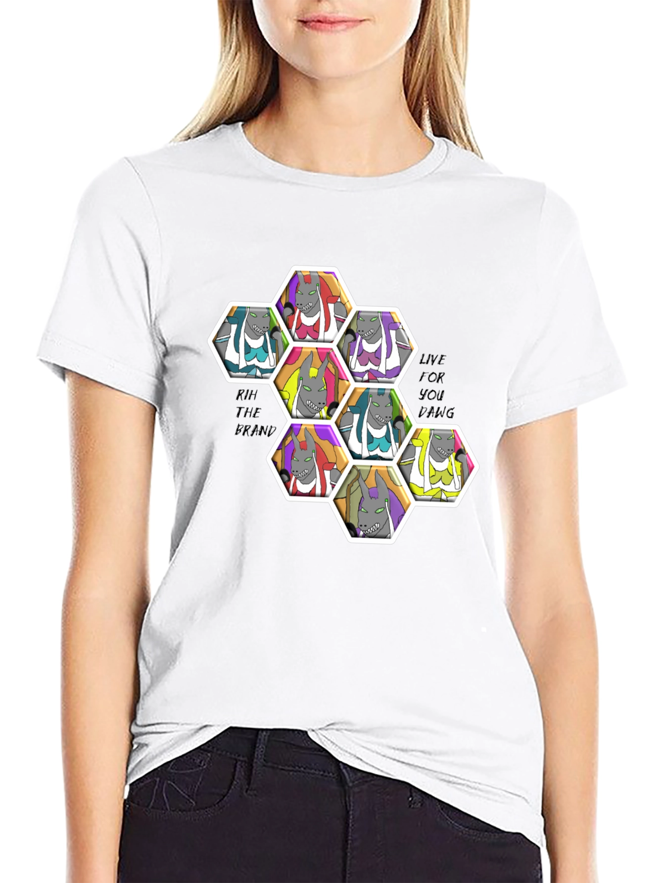 Unique Cartoon Character Hexagon Pattern Black T-Shirt