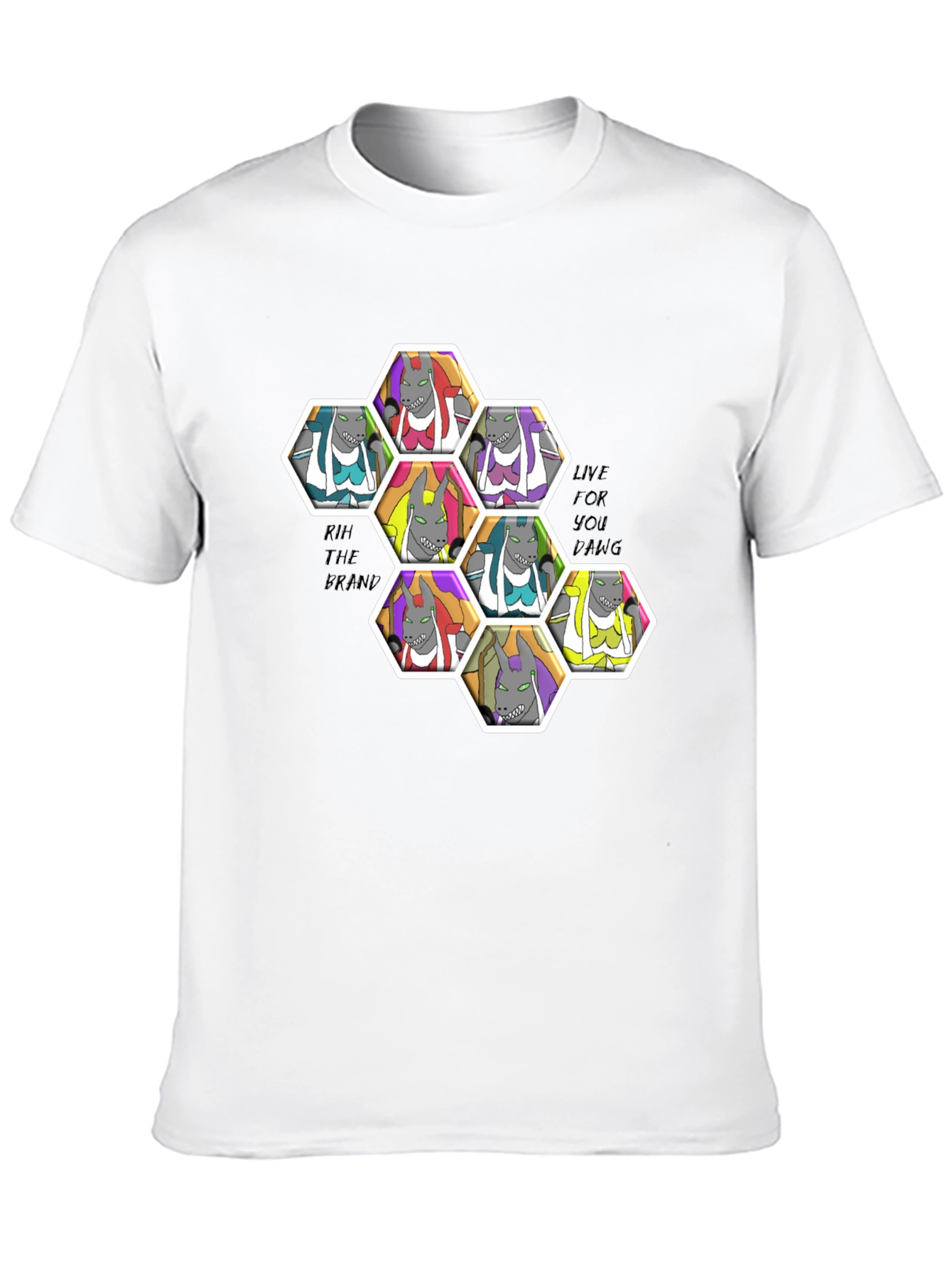 Unique Cartoon Character Hexagon Pattern Black T-Shirt