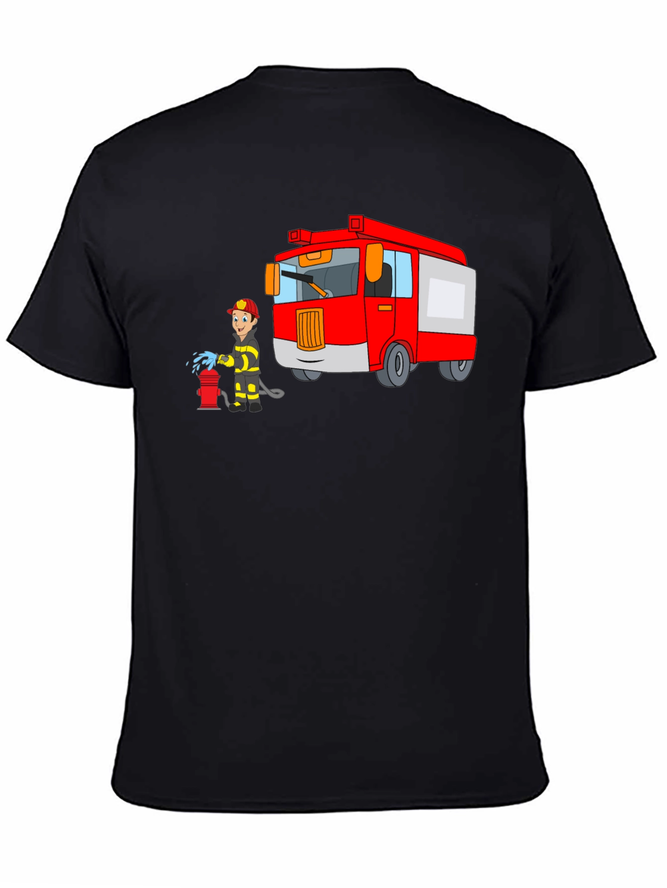 Firefighter Cartoon Graphic Black T-Shirt