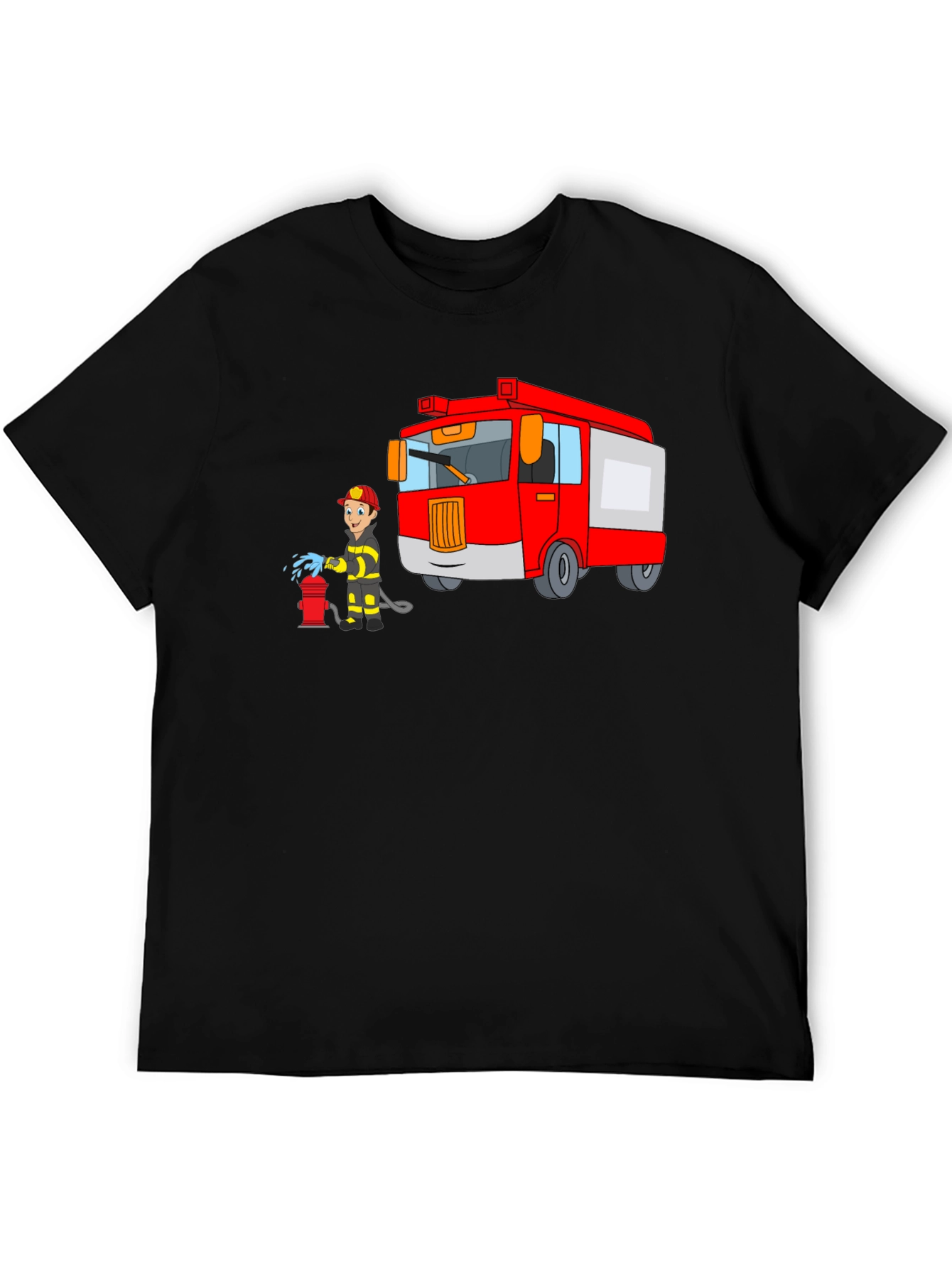Firefighter Cartoon Graphic Black T-Shirt