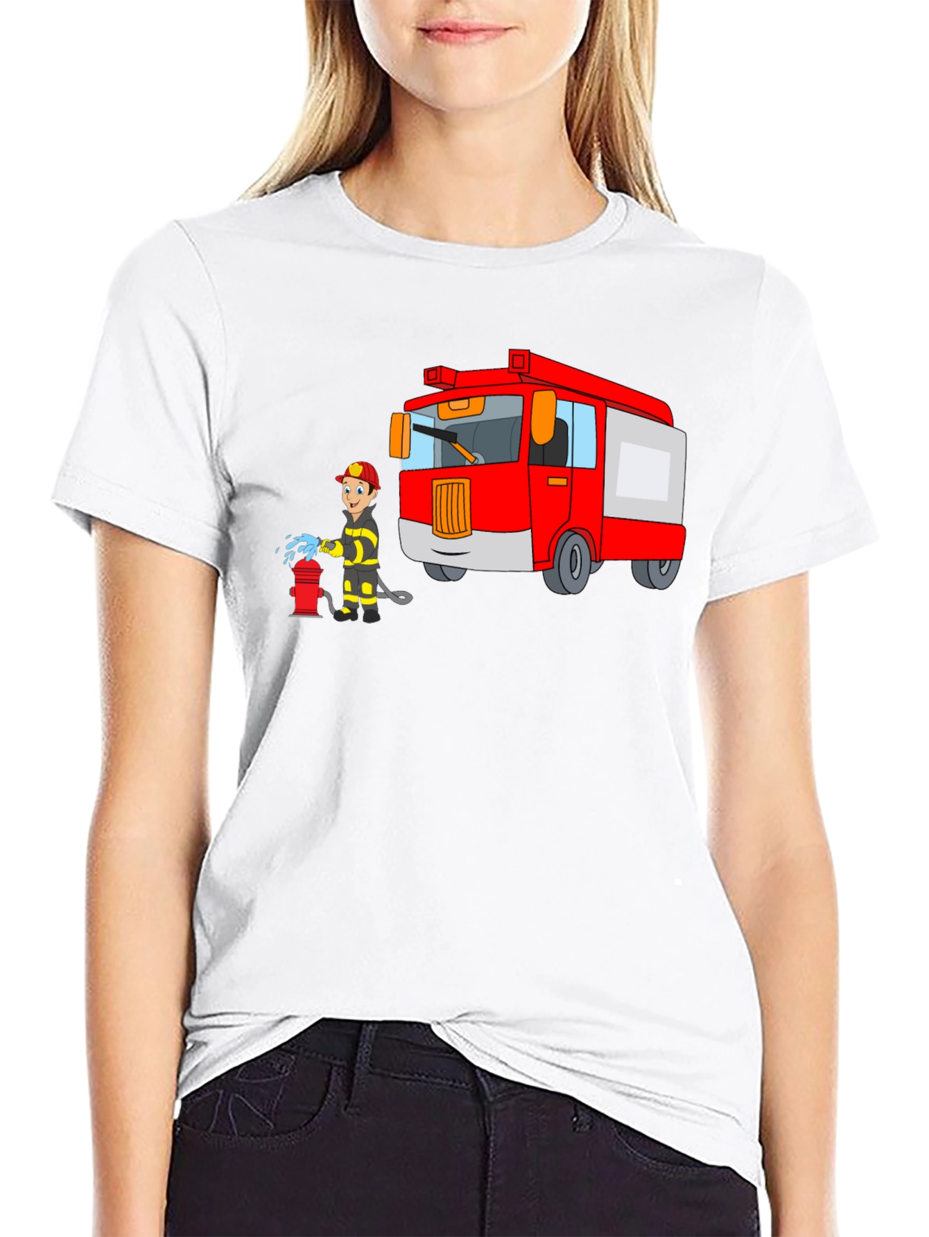 Firefighter Cartoon Graphic Black T-Shirt