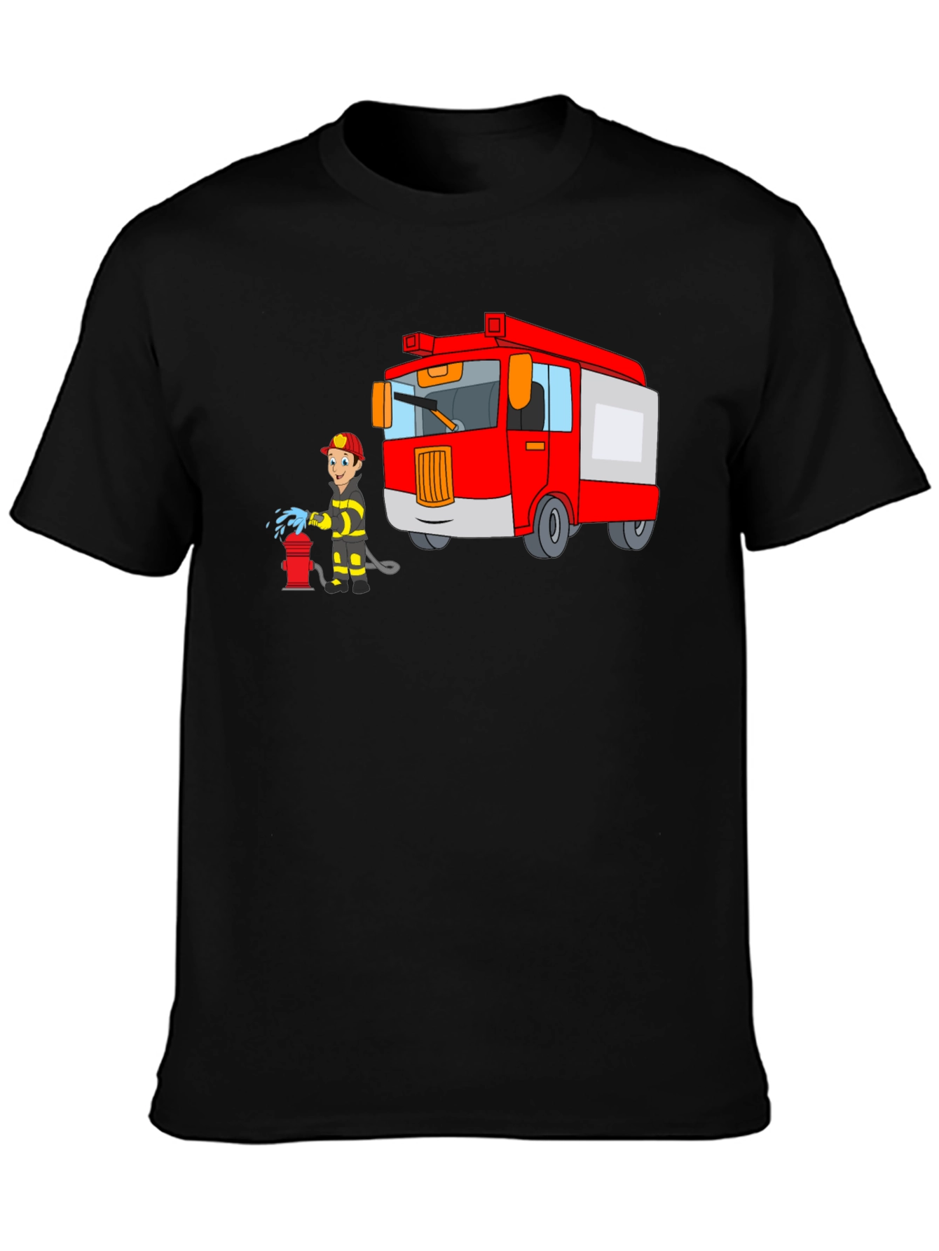 Firefighter Cartoon Graphic Black T-Shirt