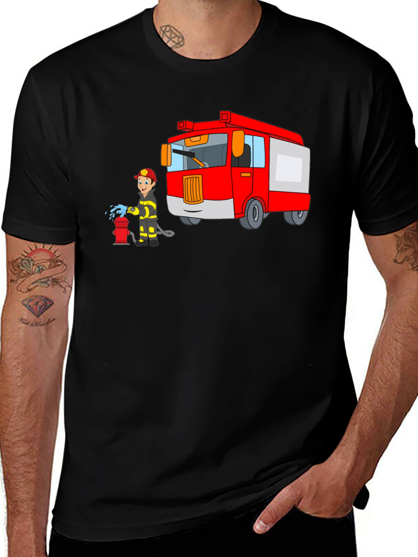 Firefighter Cartoon Graphic Black T-Shirt