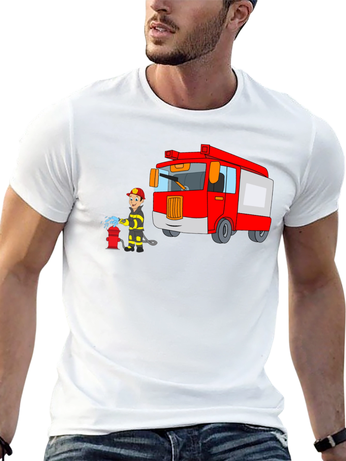 Firefighter Cartoon Graphic Black T-Shirt