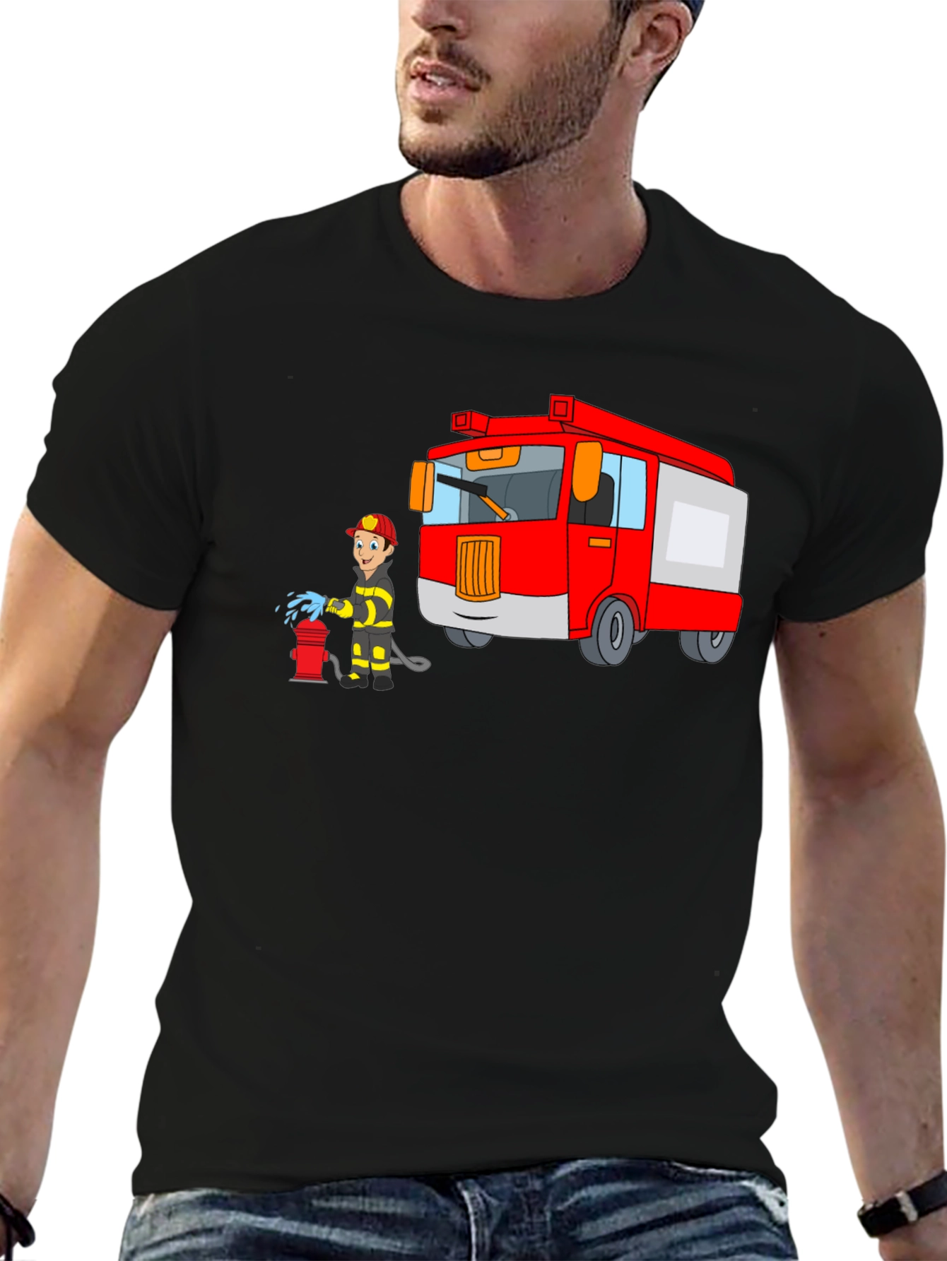 Firefighter Cartoon Graphic Black T-Shirt