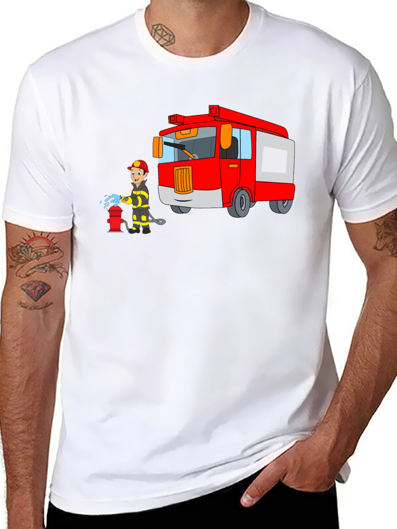 Firefighter Cartoon Graphic Black T-Shirt