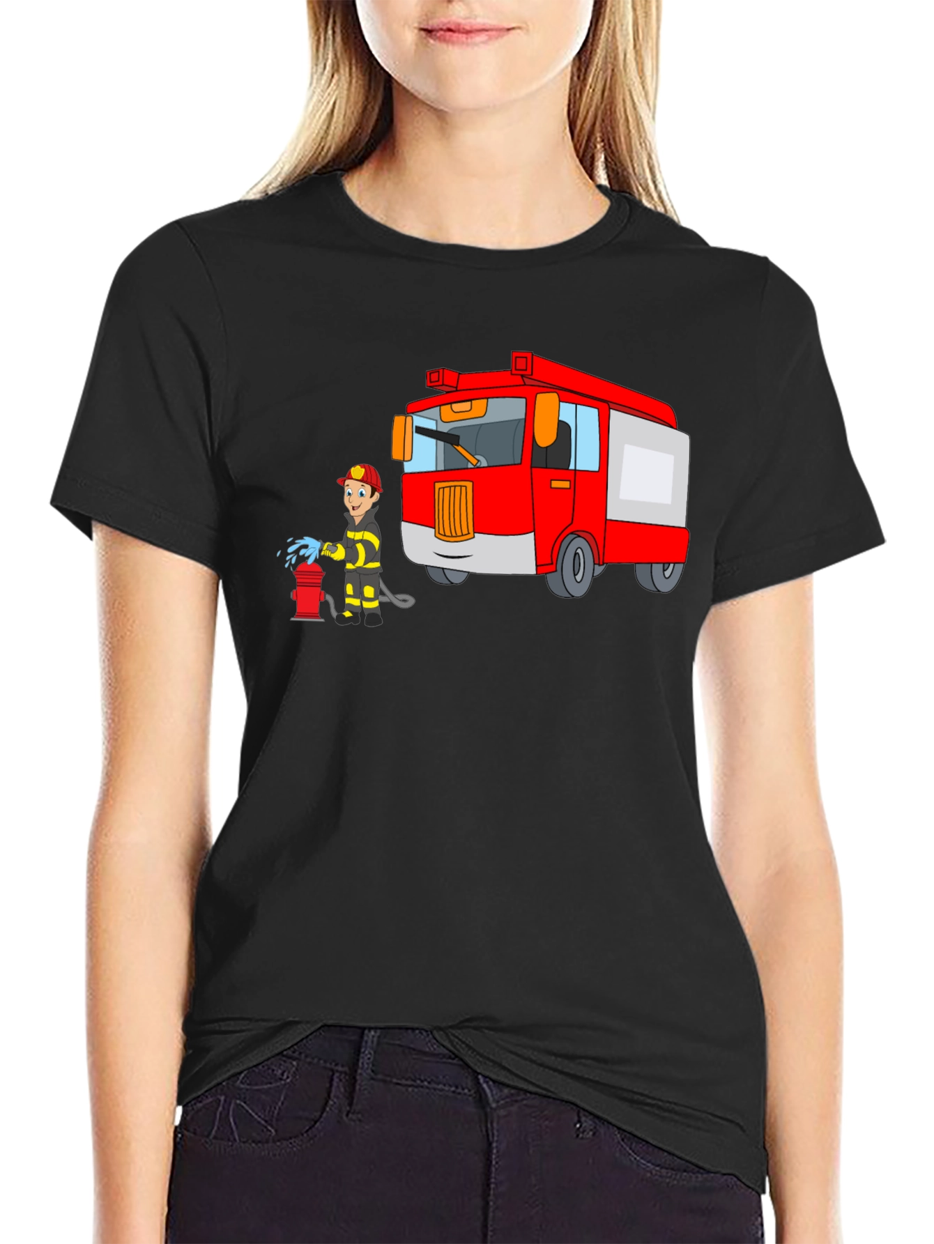 Firefighter Cartoon Graphic Black T-Shirt