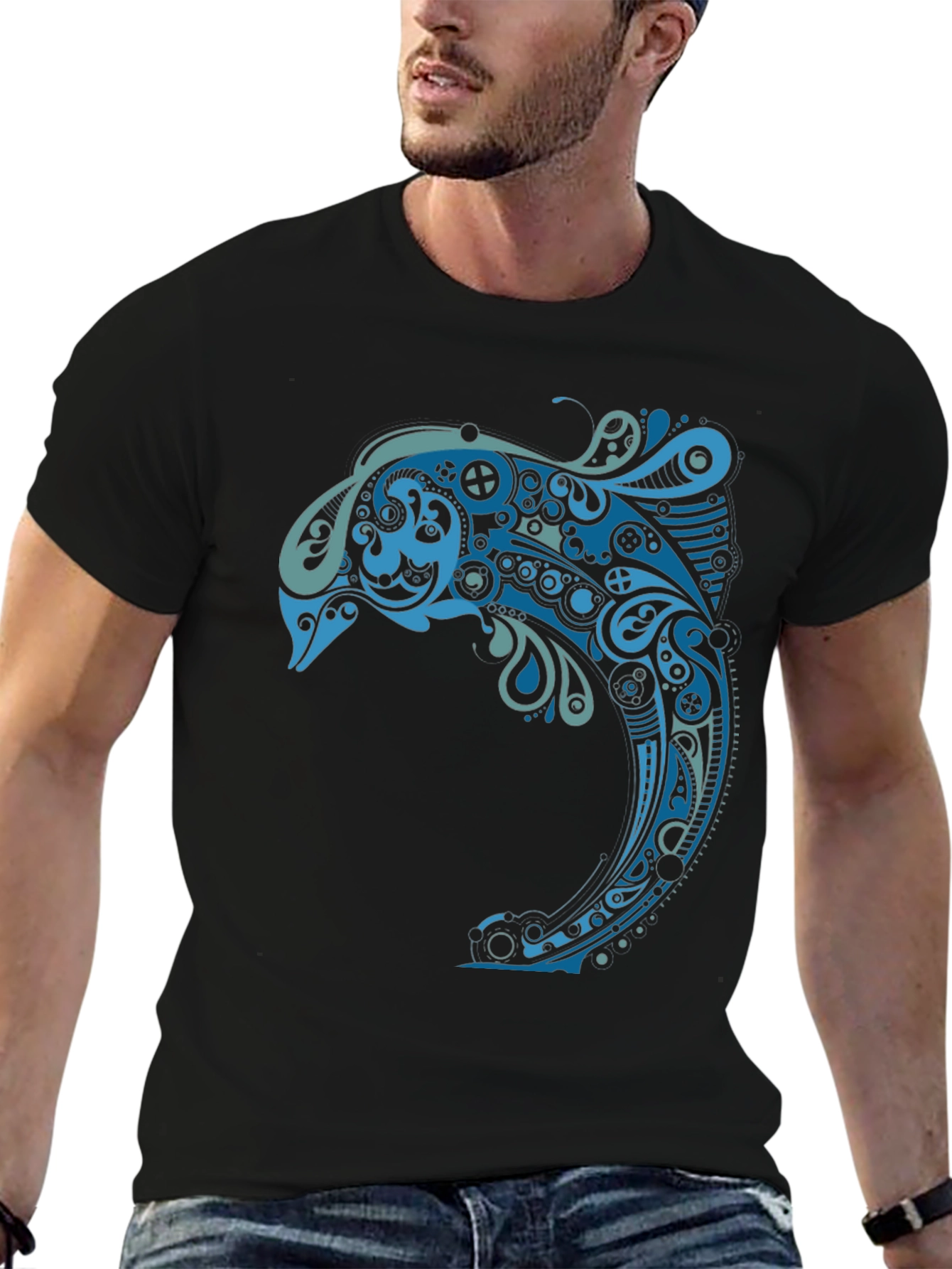 Abstract Dolphin Graphic Tee - Mens Black T-Shirt
