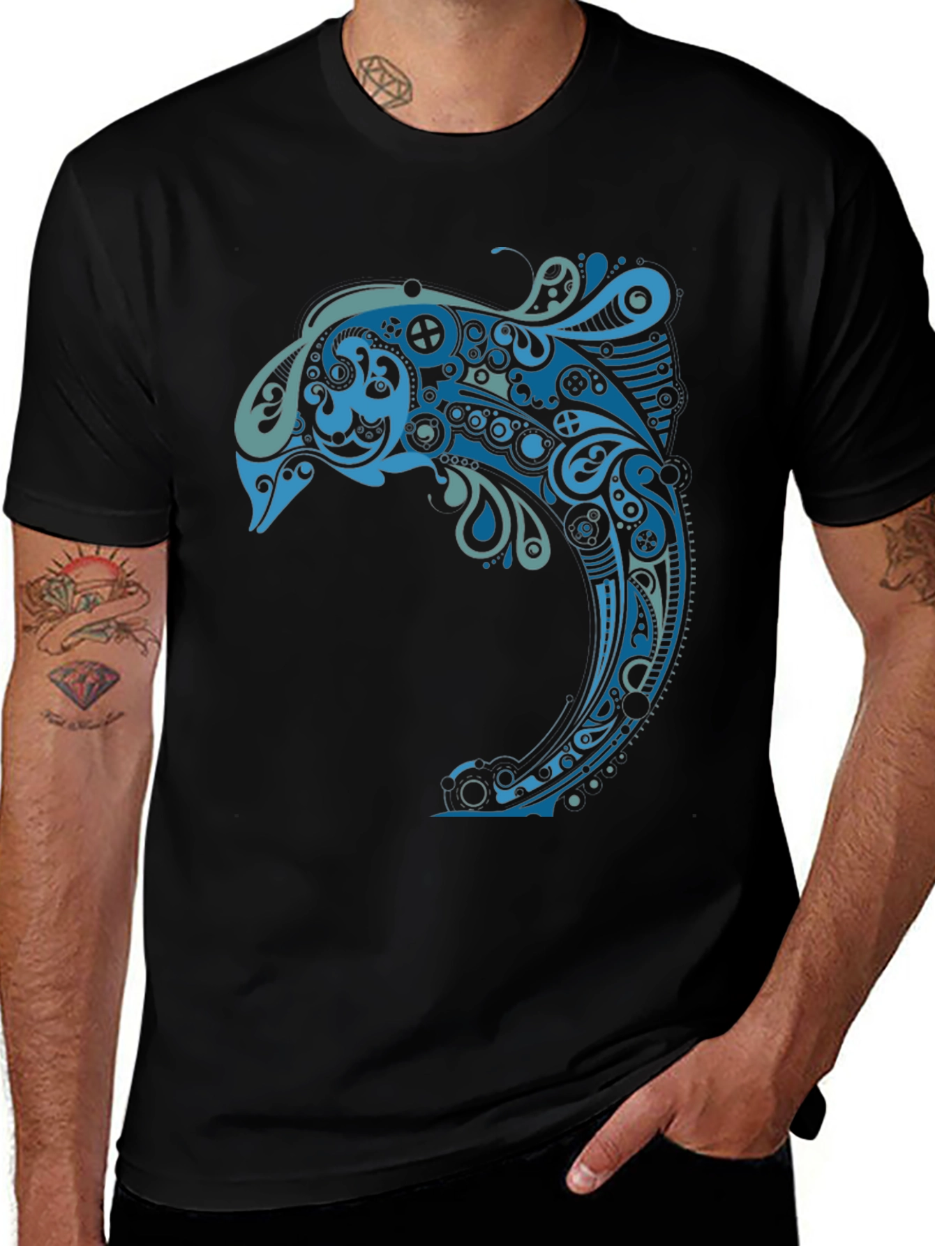 Abstract Dolphin Graphic Tee - Mens Black T-Shirt