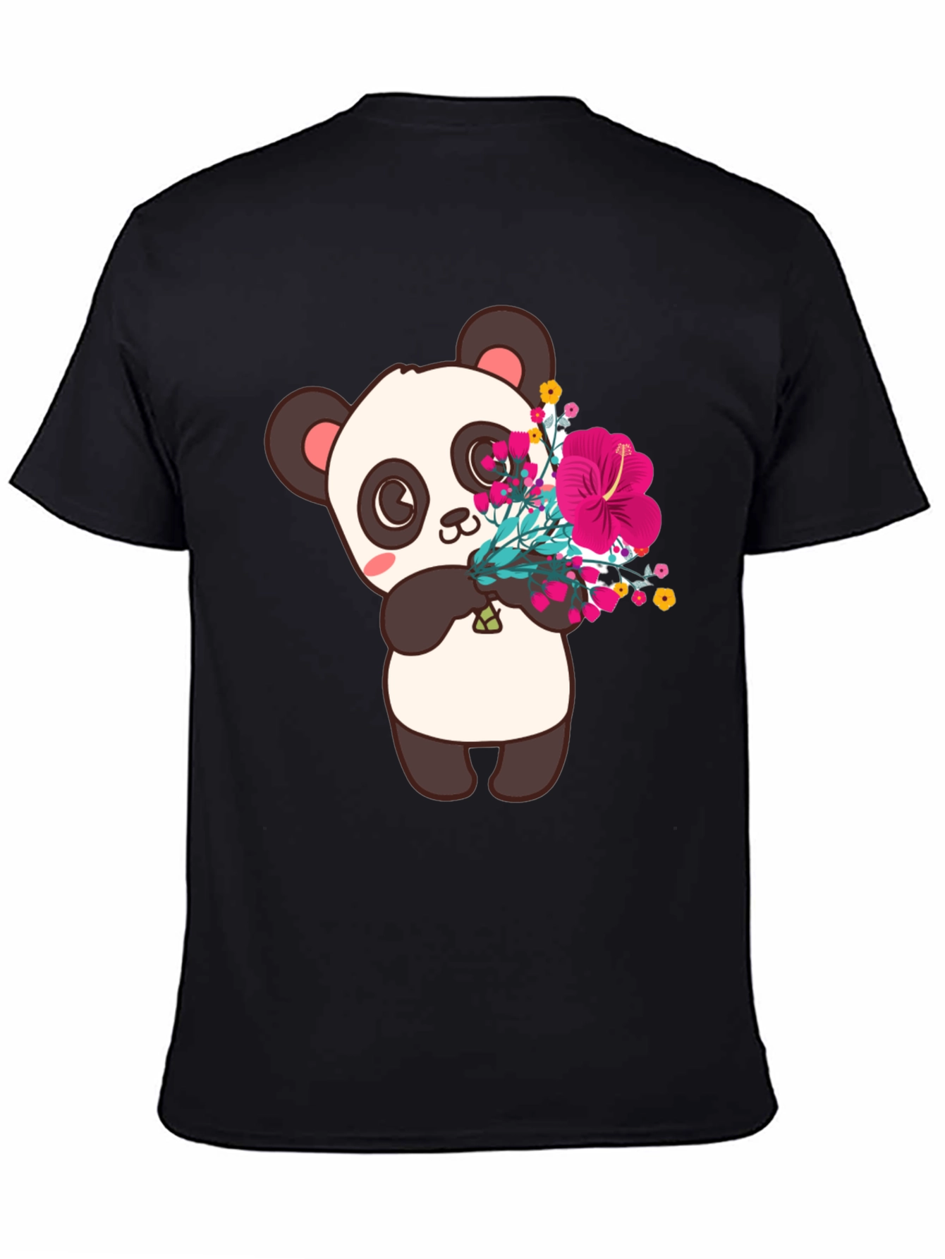 Panda with Flowers Graphic Tee - Black