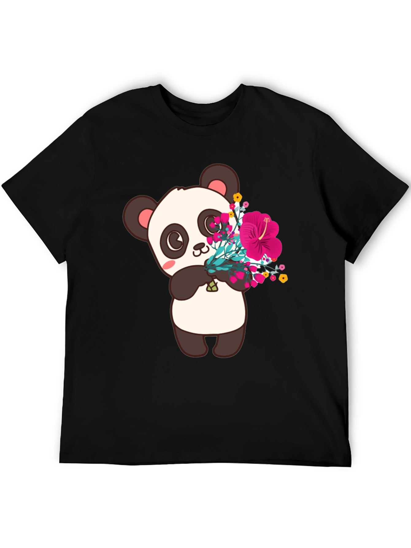 Panda with Flowers Graphic Tee - Black