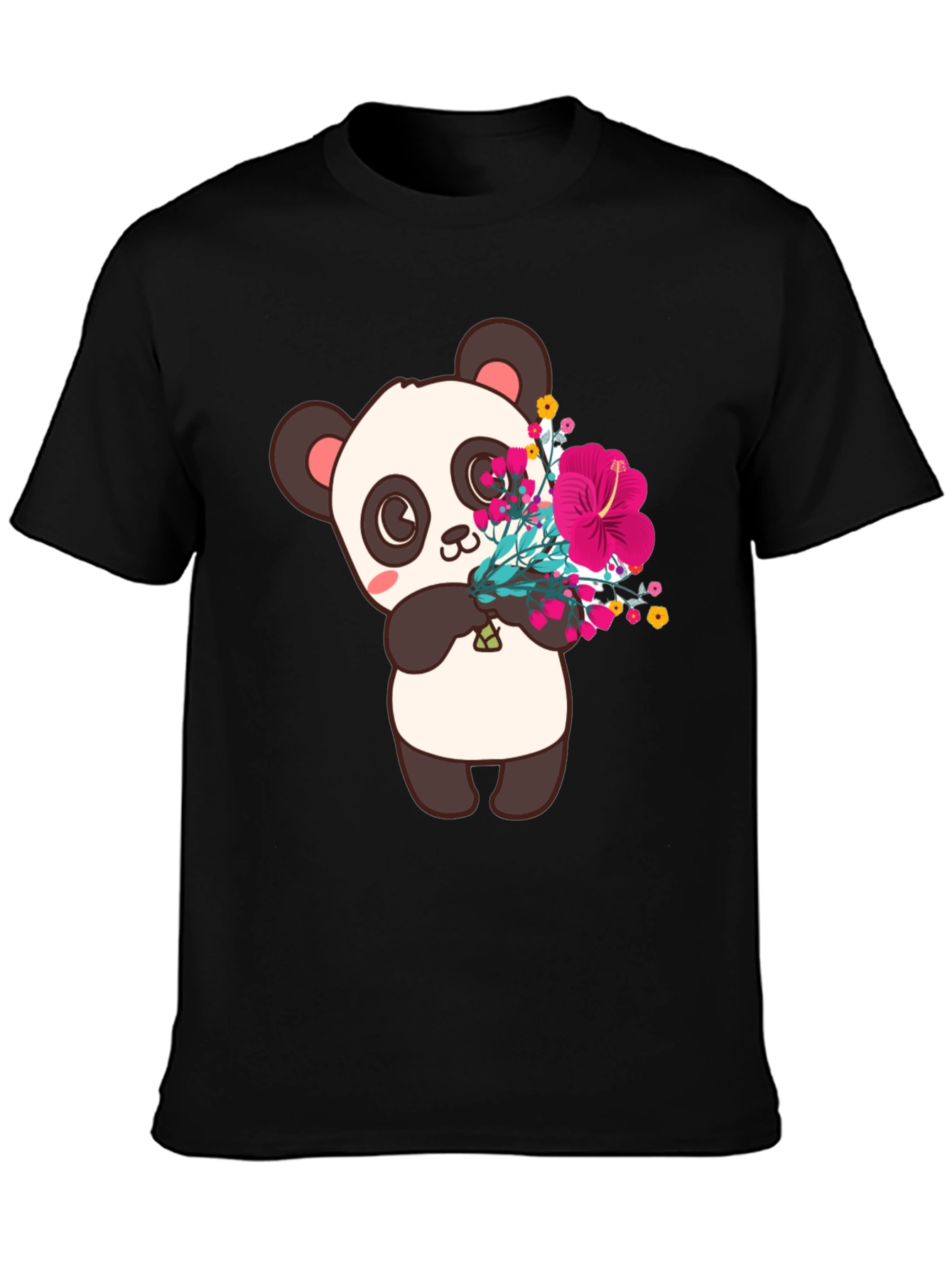 Panda with Flowers Graphic Tee - Black