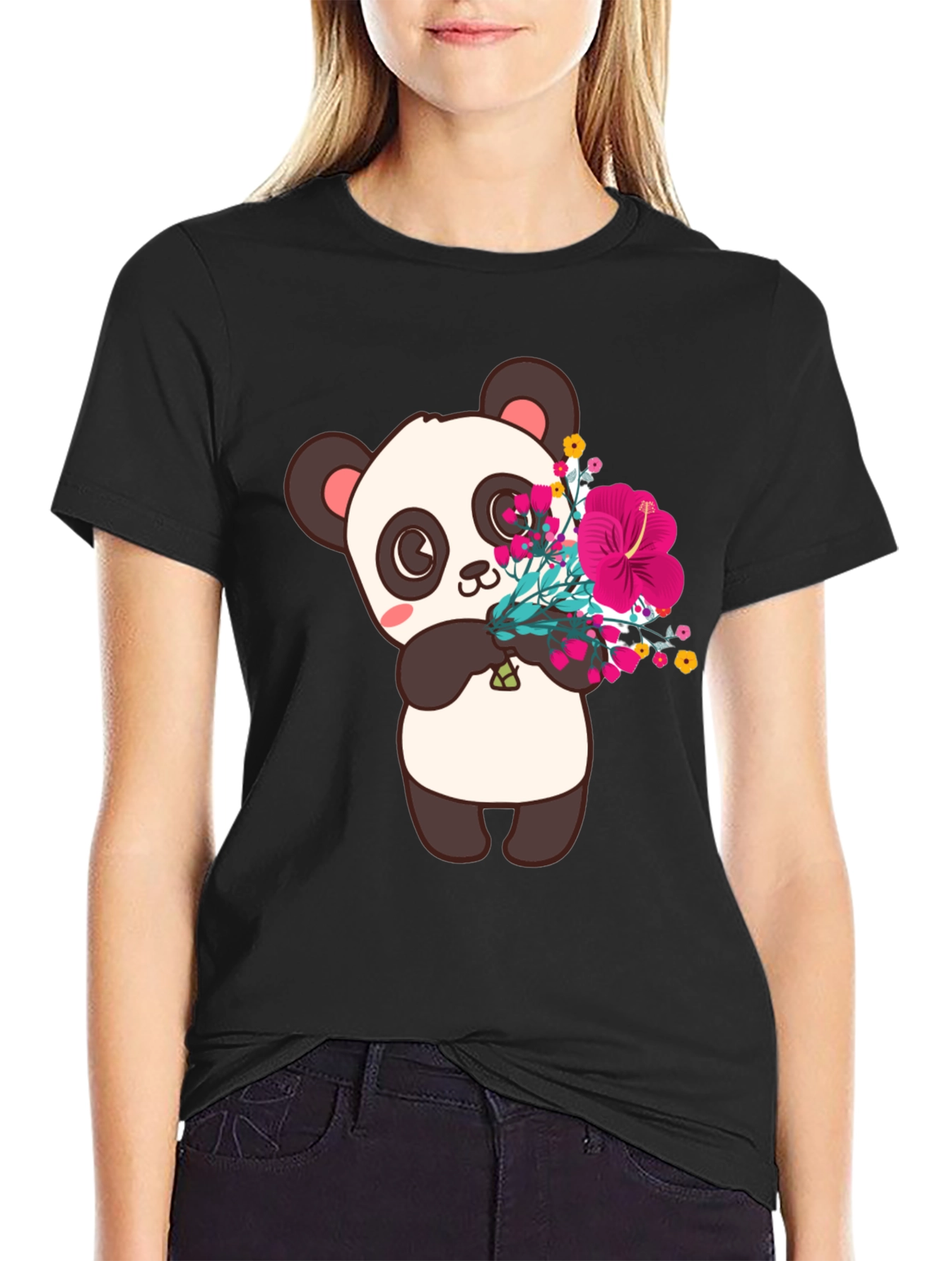 Panda with Flowers Graphic Tee - Black