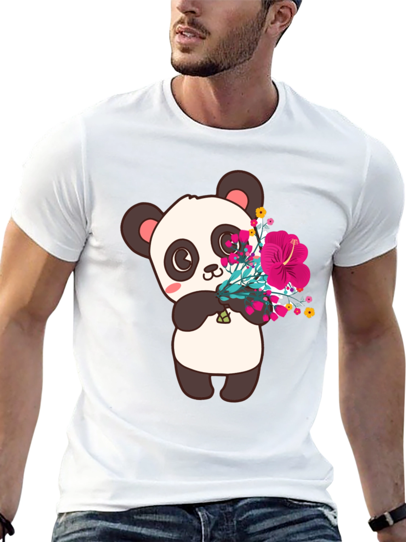 Panda with Flowers Graphic Tee - Black