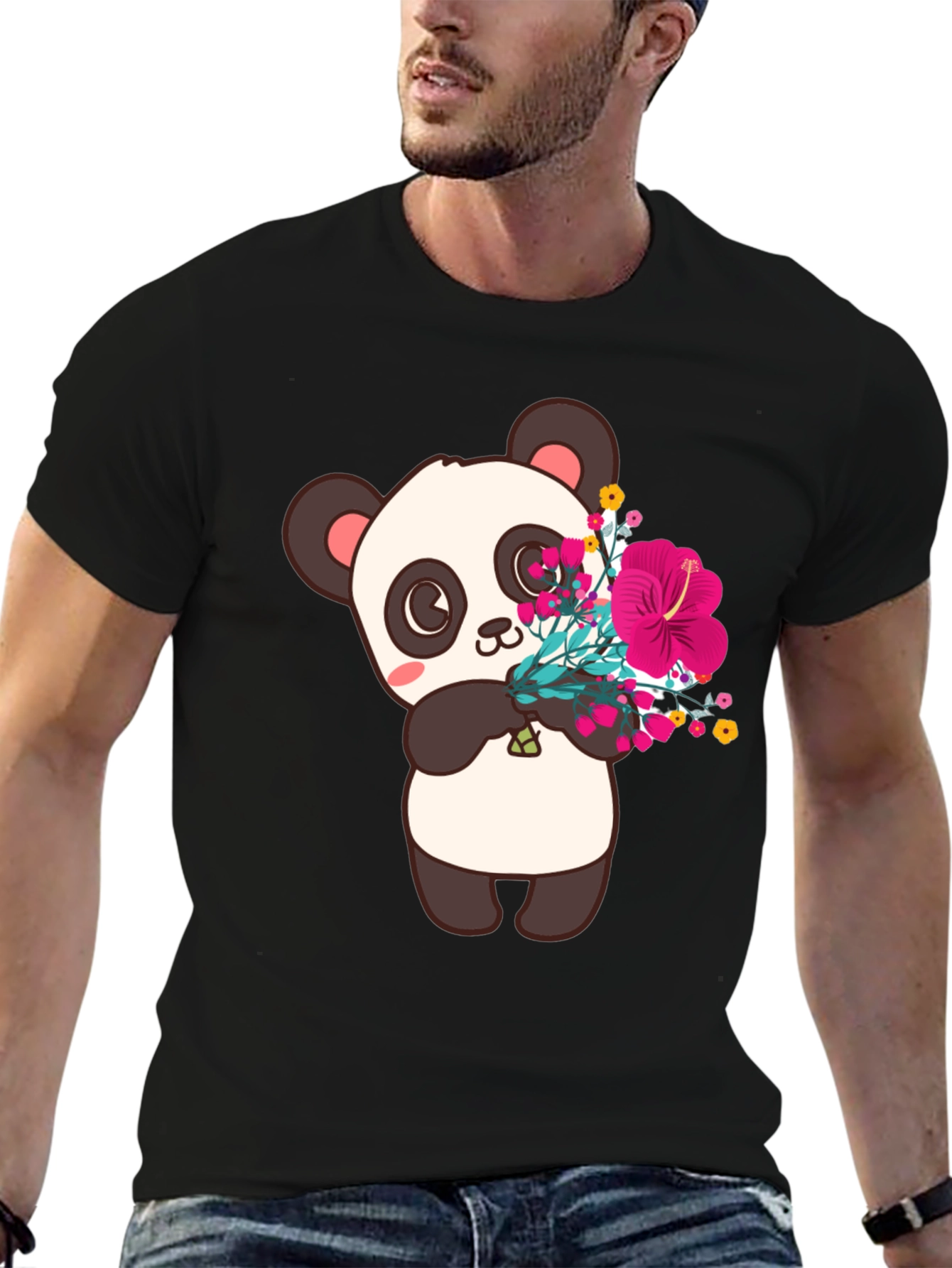 Panda with Flowers Graphic Tee - Black