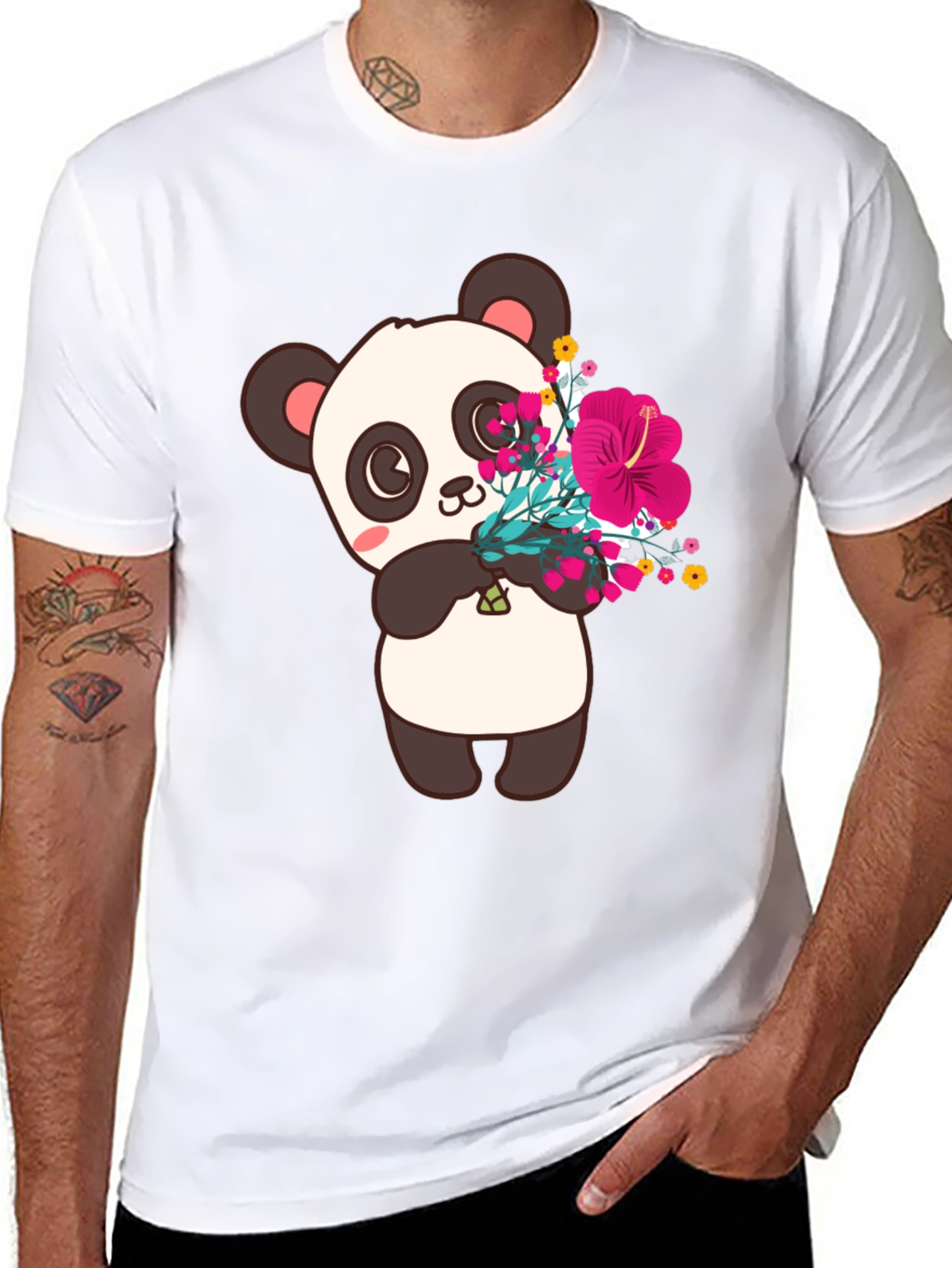 Panda with Flowers Graphic Tee - Black