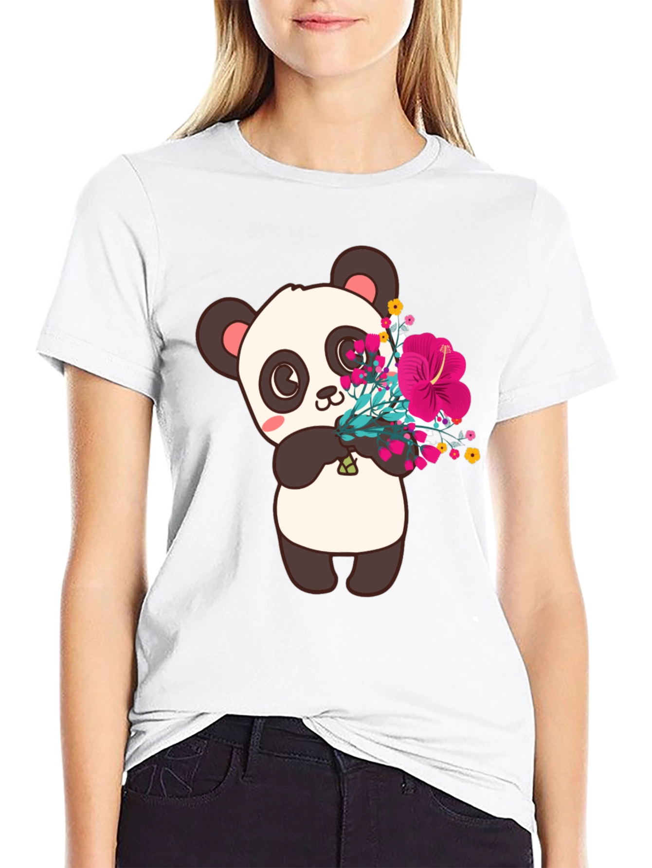 Panda with Flowers Graphic Tee - Black