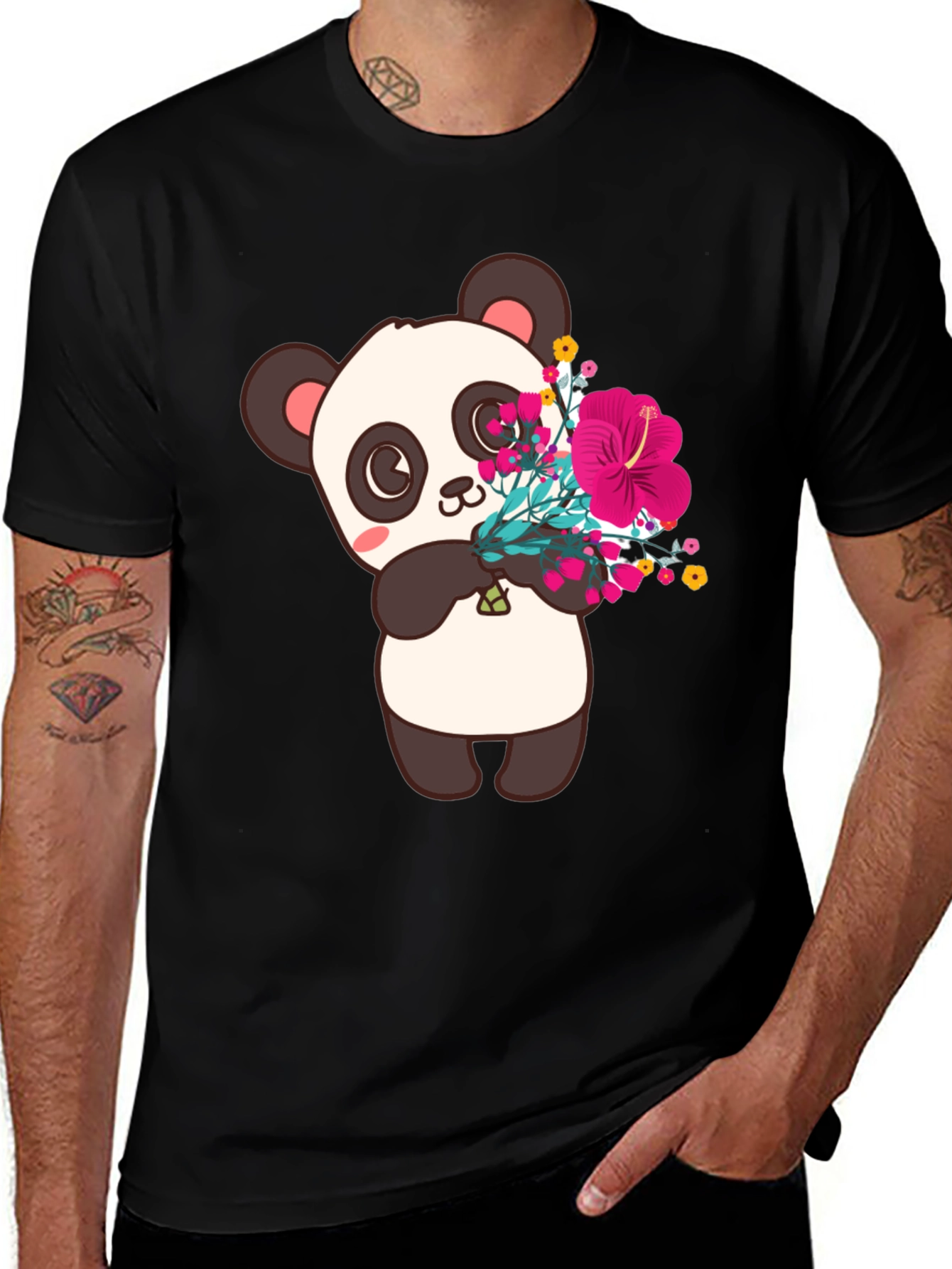Panda with Flowers Graphic Tee - Black