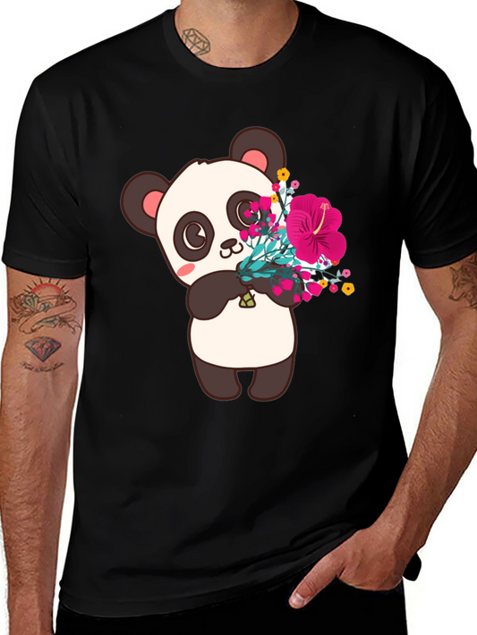 Panda with Flowers Graphic Tee - Black