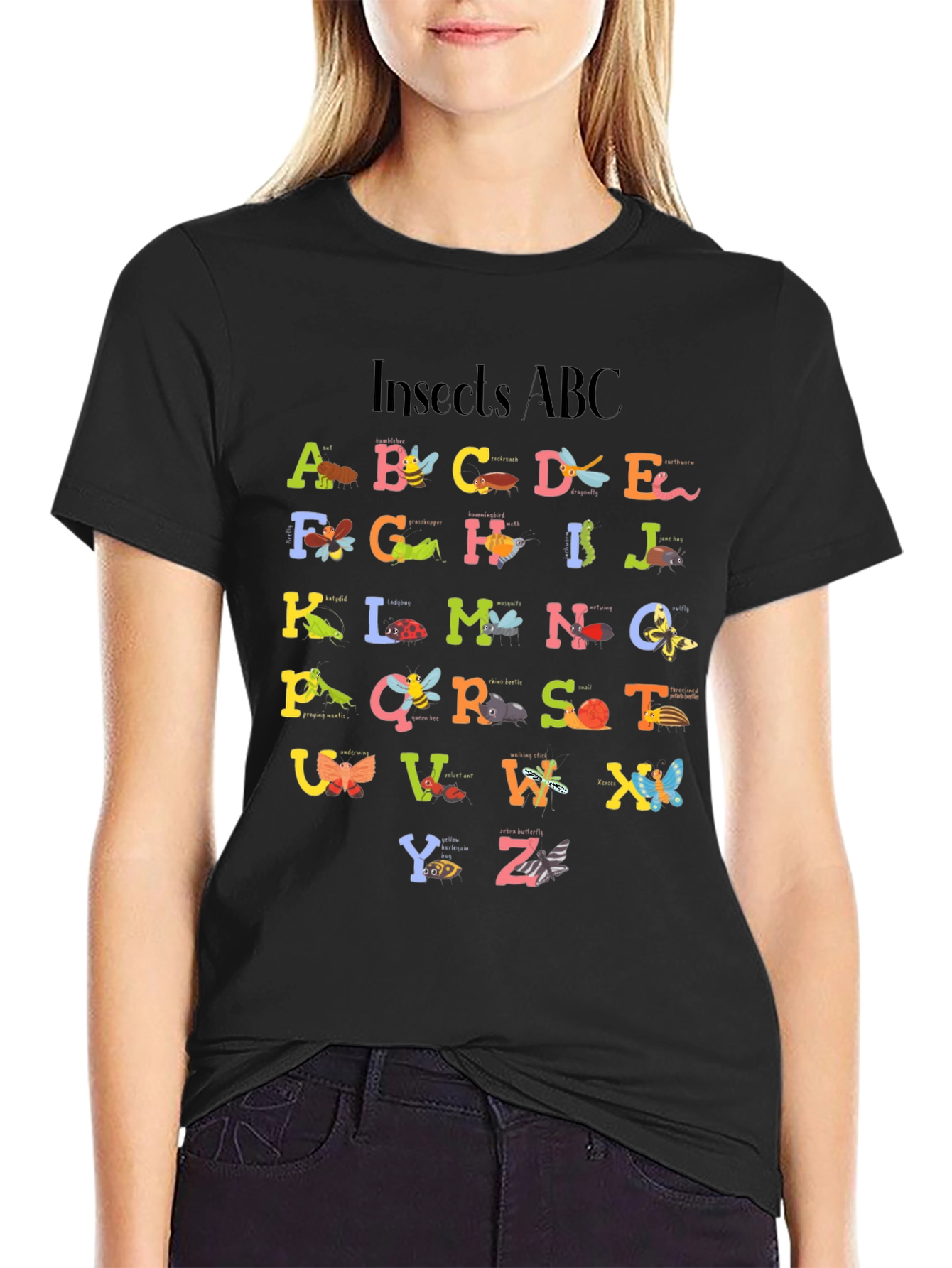 Insects ABC Graphic Print Black T-Shirt