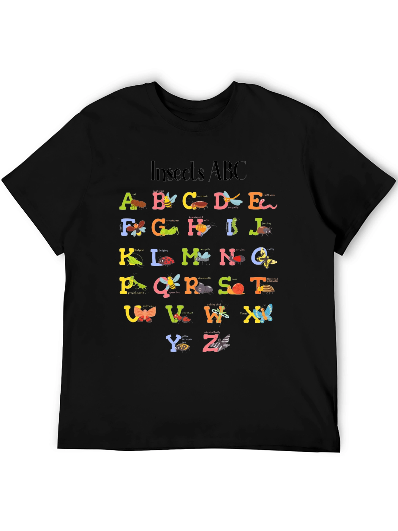 Insects ABC Graphic Print Black T-Shirt