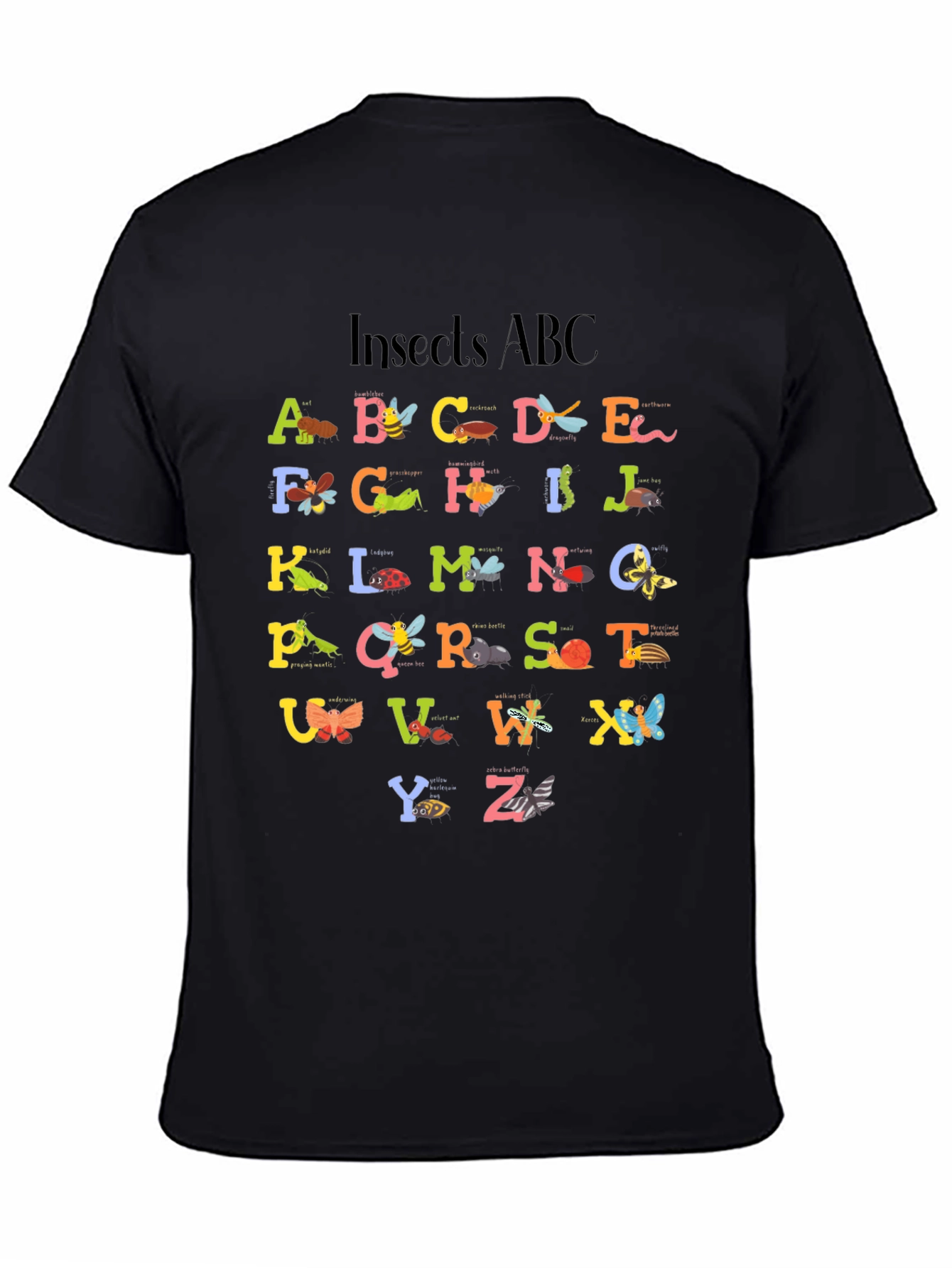 Insects ABC Graphic Print Black T-Shirt