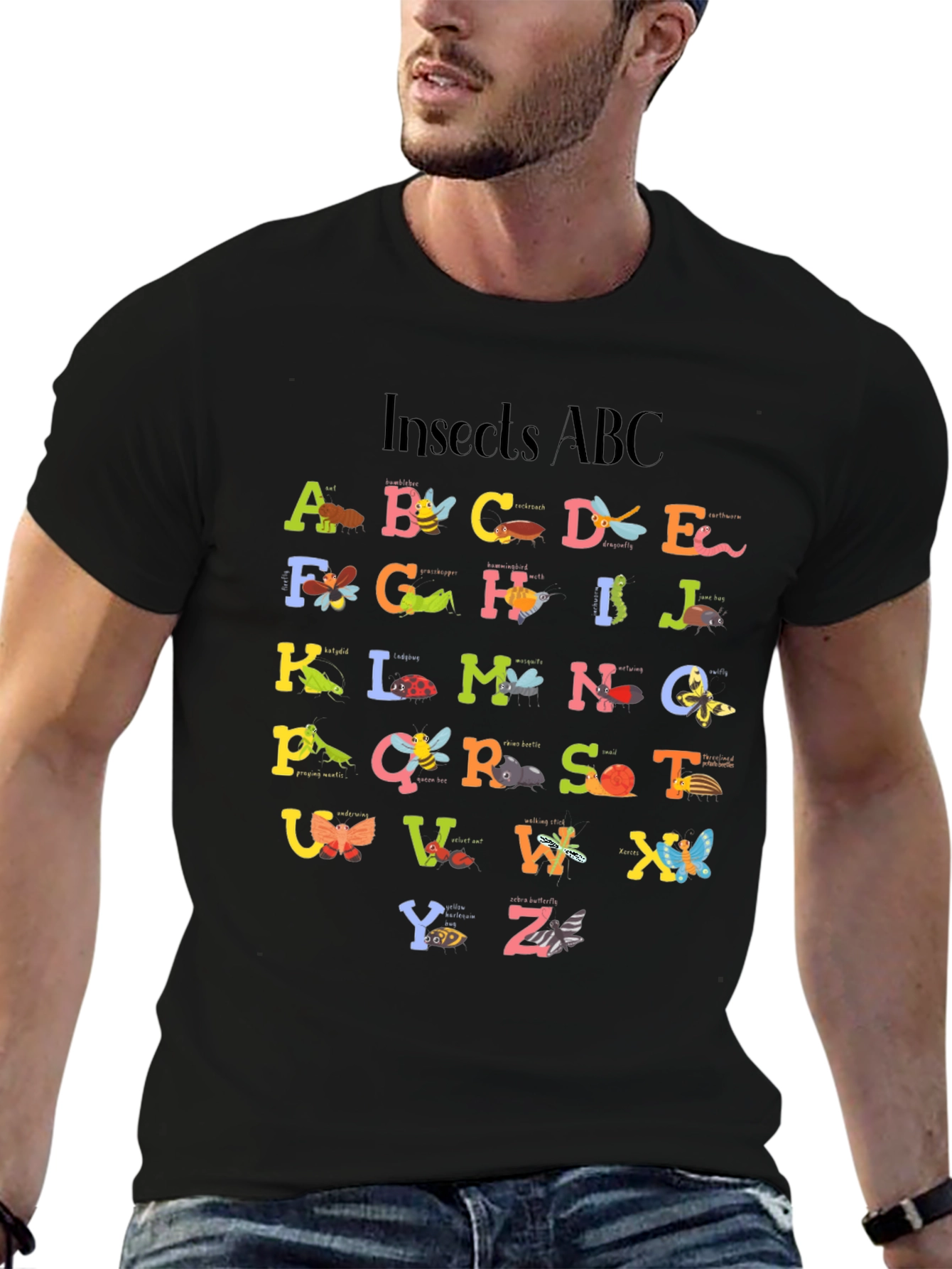 Insects ABC Graphic Print Black T-Shirt