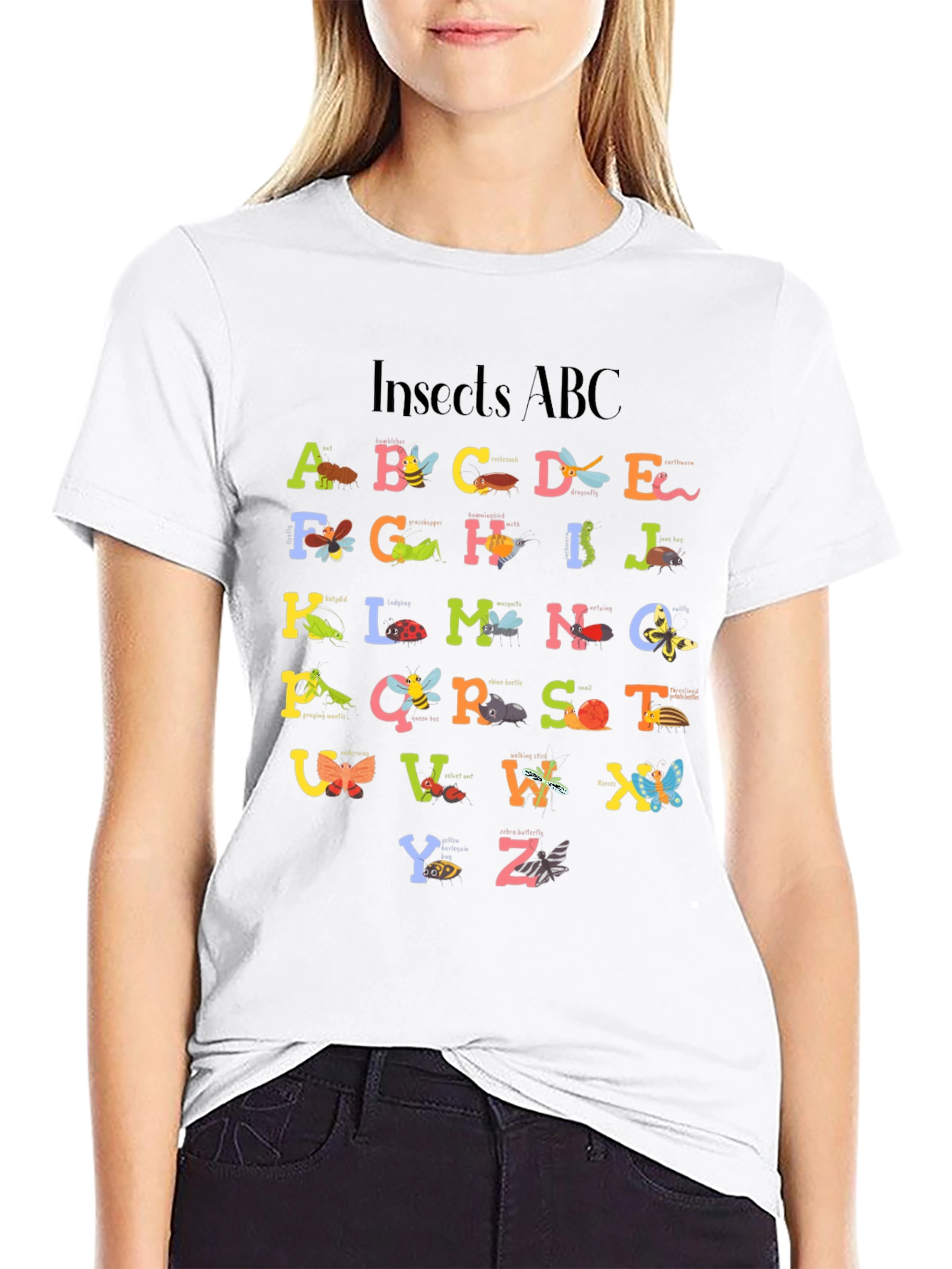 Insects ABC Graphic Print Black T-Shirt