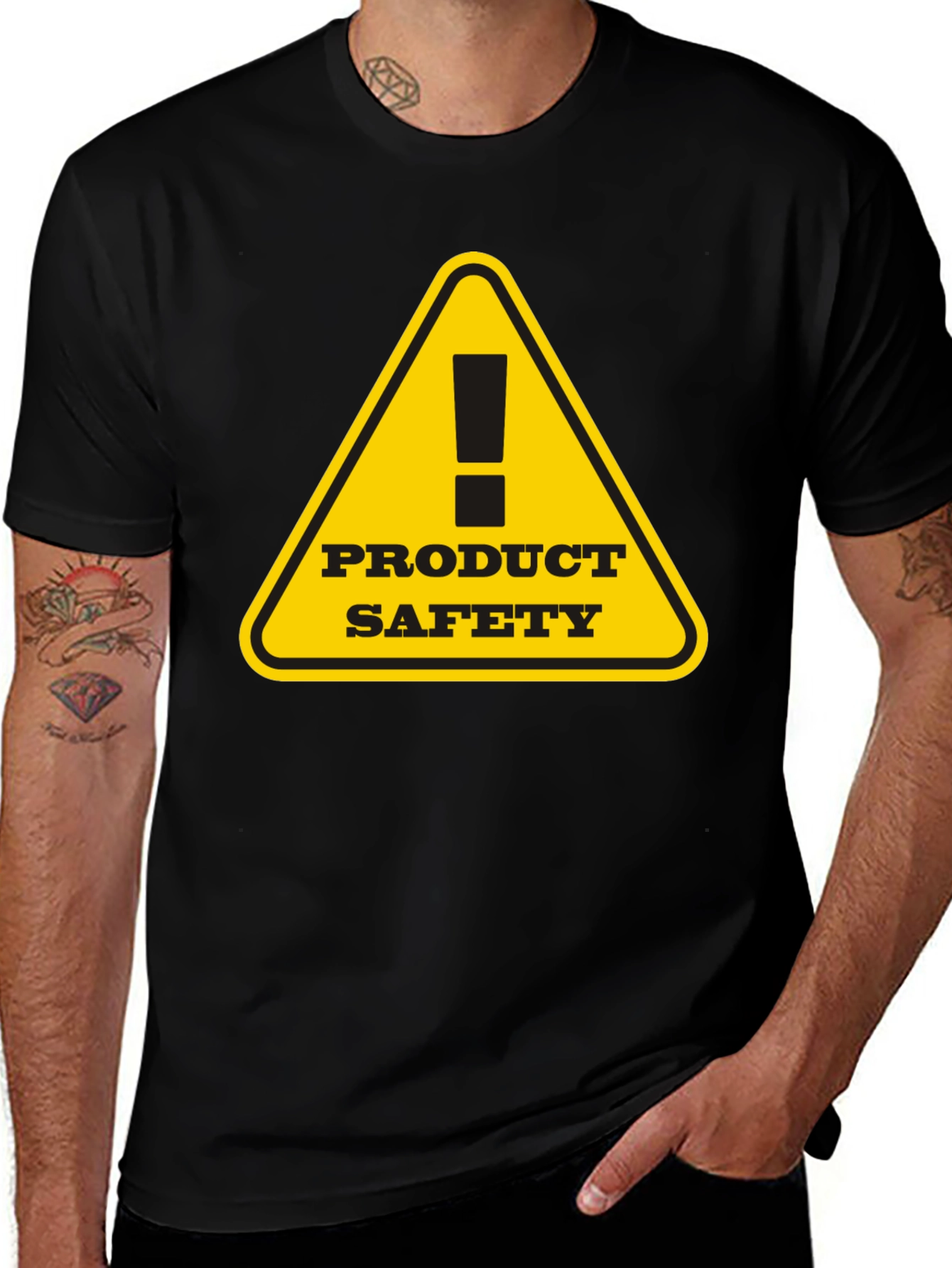 Product Safety Warning Graphic Tee - Black Cotton T-Shirt