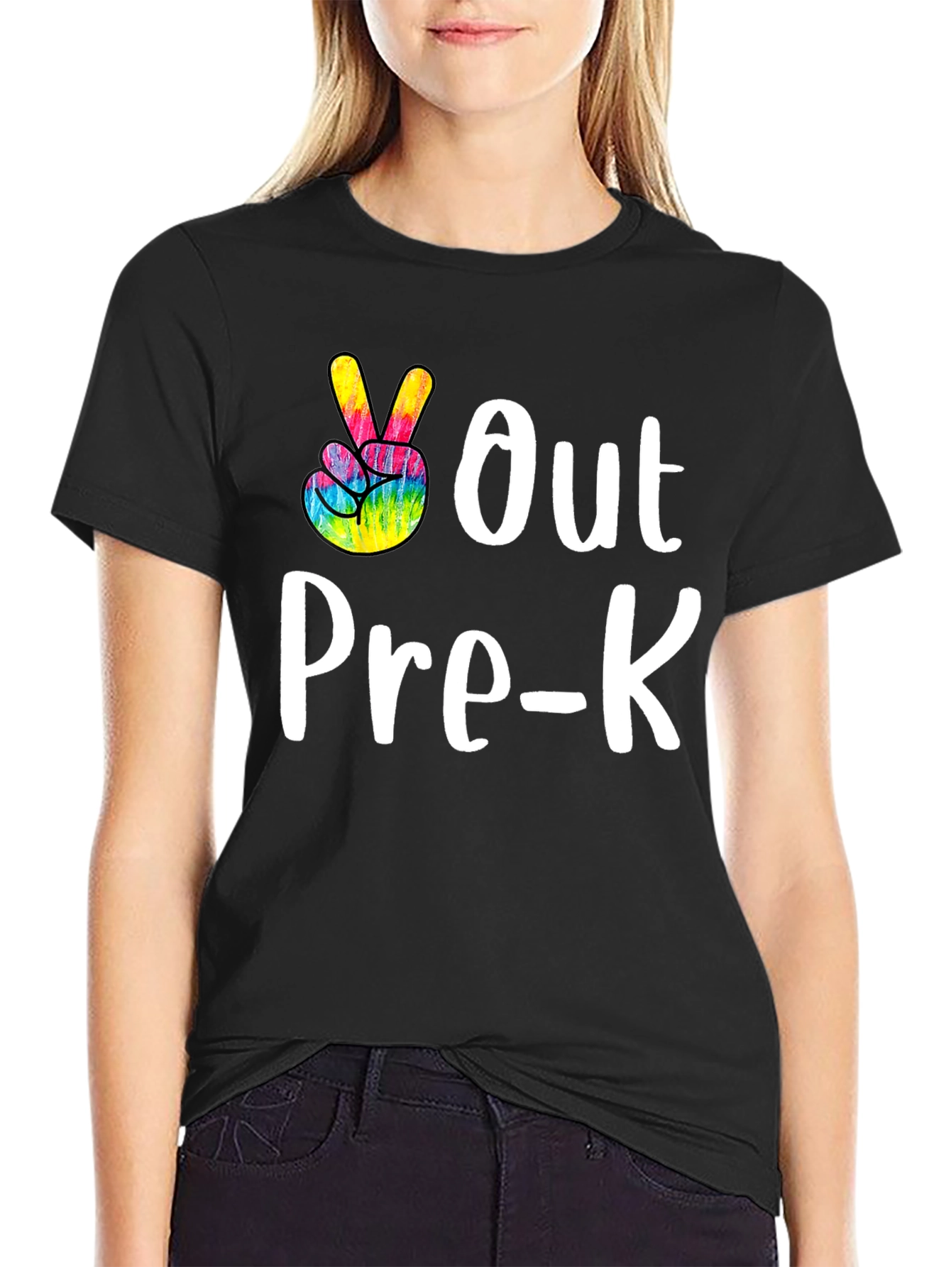 Out Pre-K Peace Sign T-Shirt Black Cotton Casual